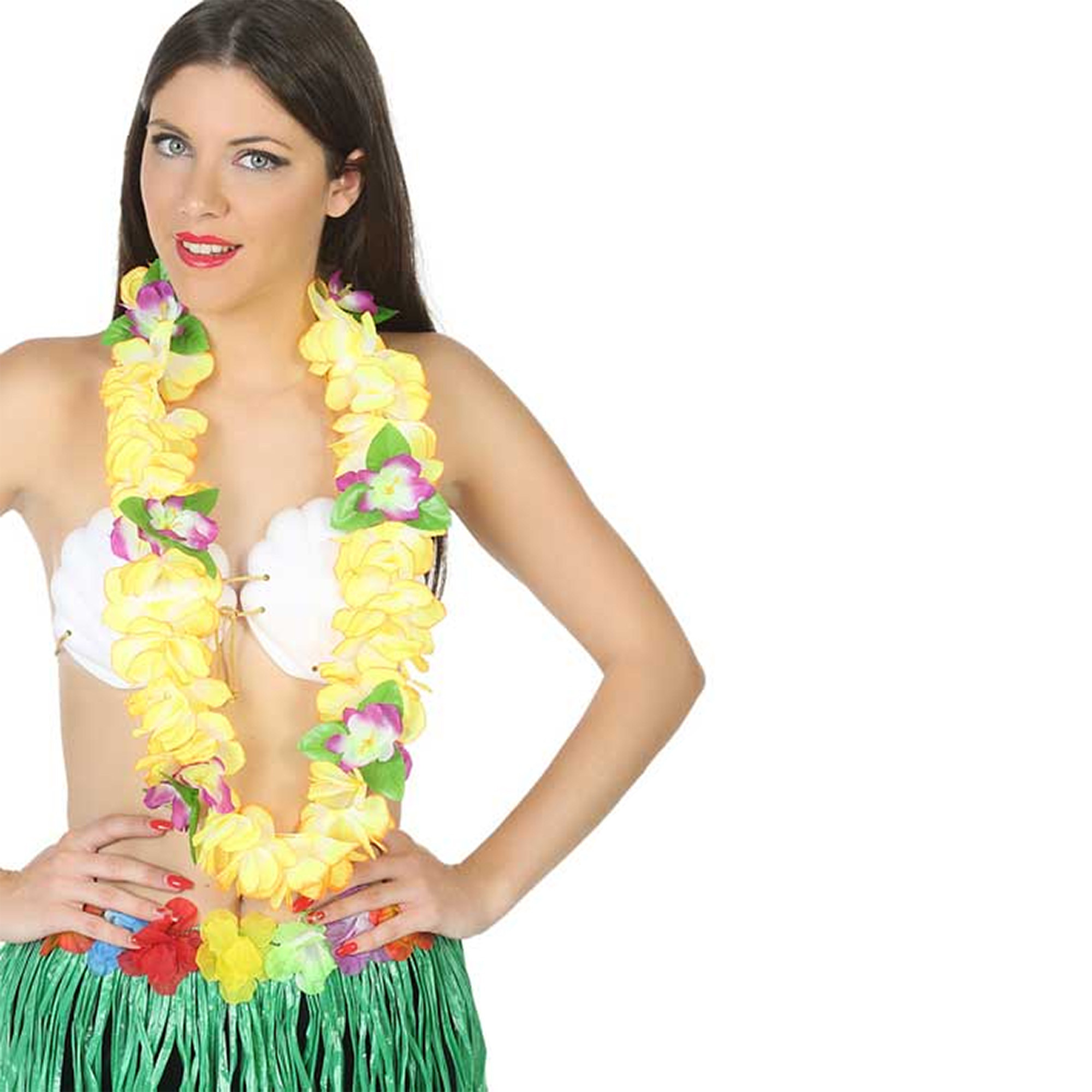 Toppers - Hawaii krans/slinger - Tropische kleuren geel - Grote bloemen hals slingers - verkleed accessoires