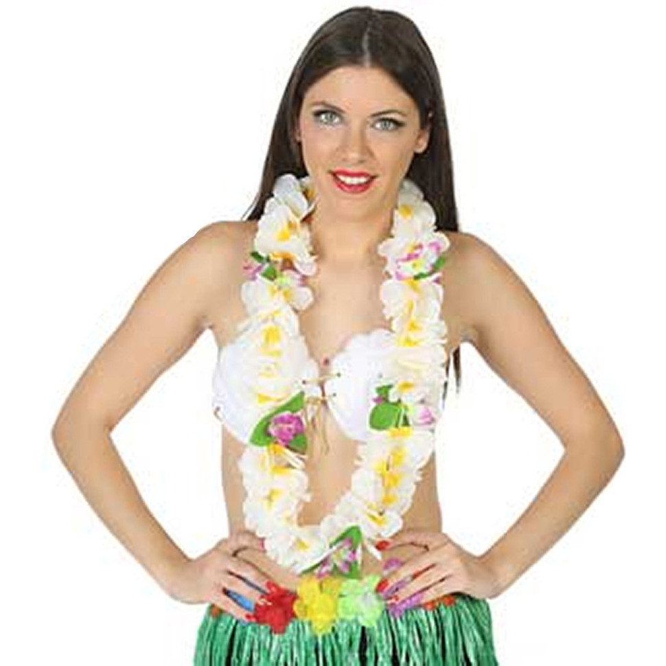 Toppers - Hawaii krans/slinger - Tropische kleuren wit - Grote bloemen hals slingers - verkleed accessoires