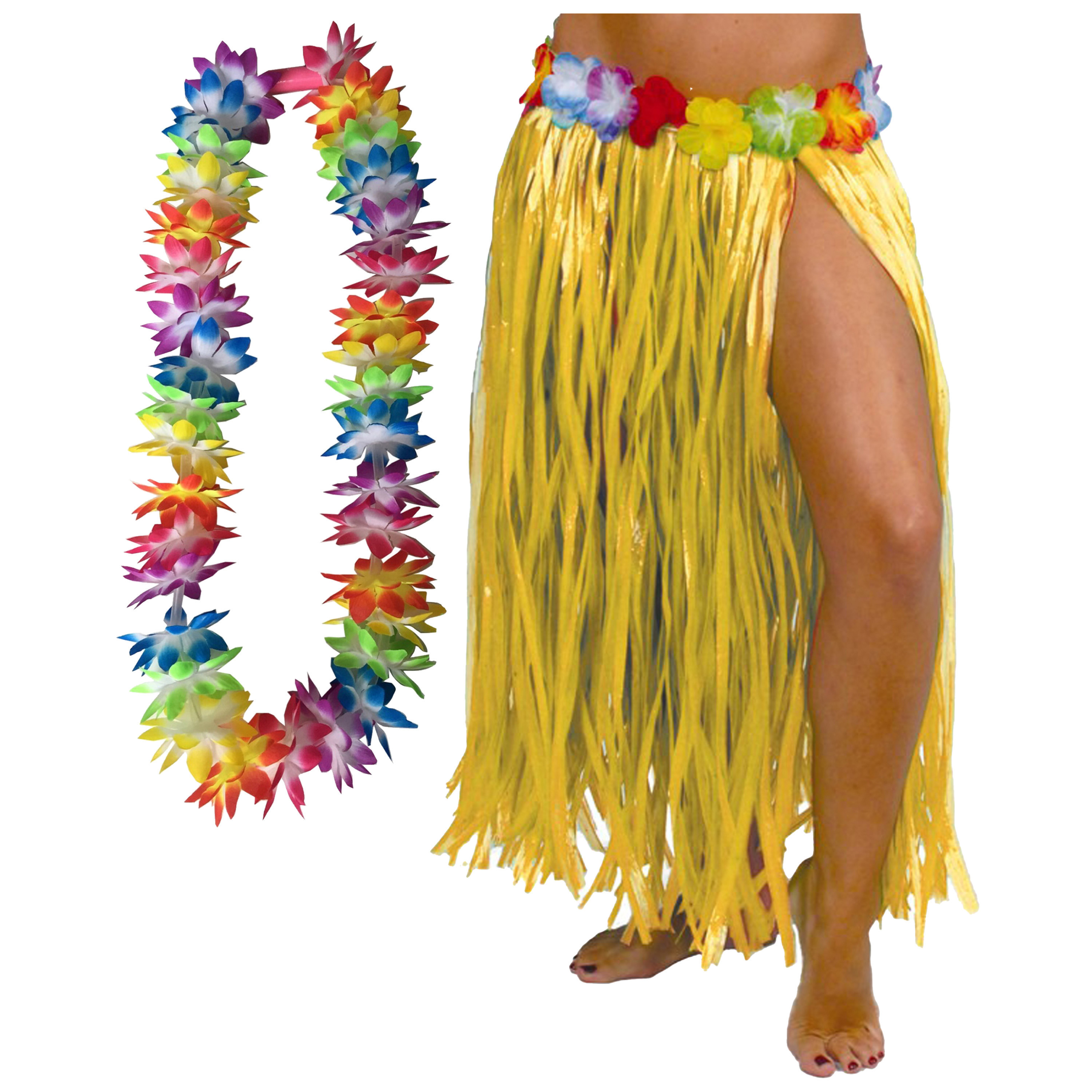 Toppers - Hawaii verkleed hoela rokje en bloemenkrans met led - volwassenen - geel - tropisch themafeest