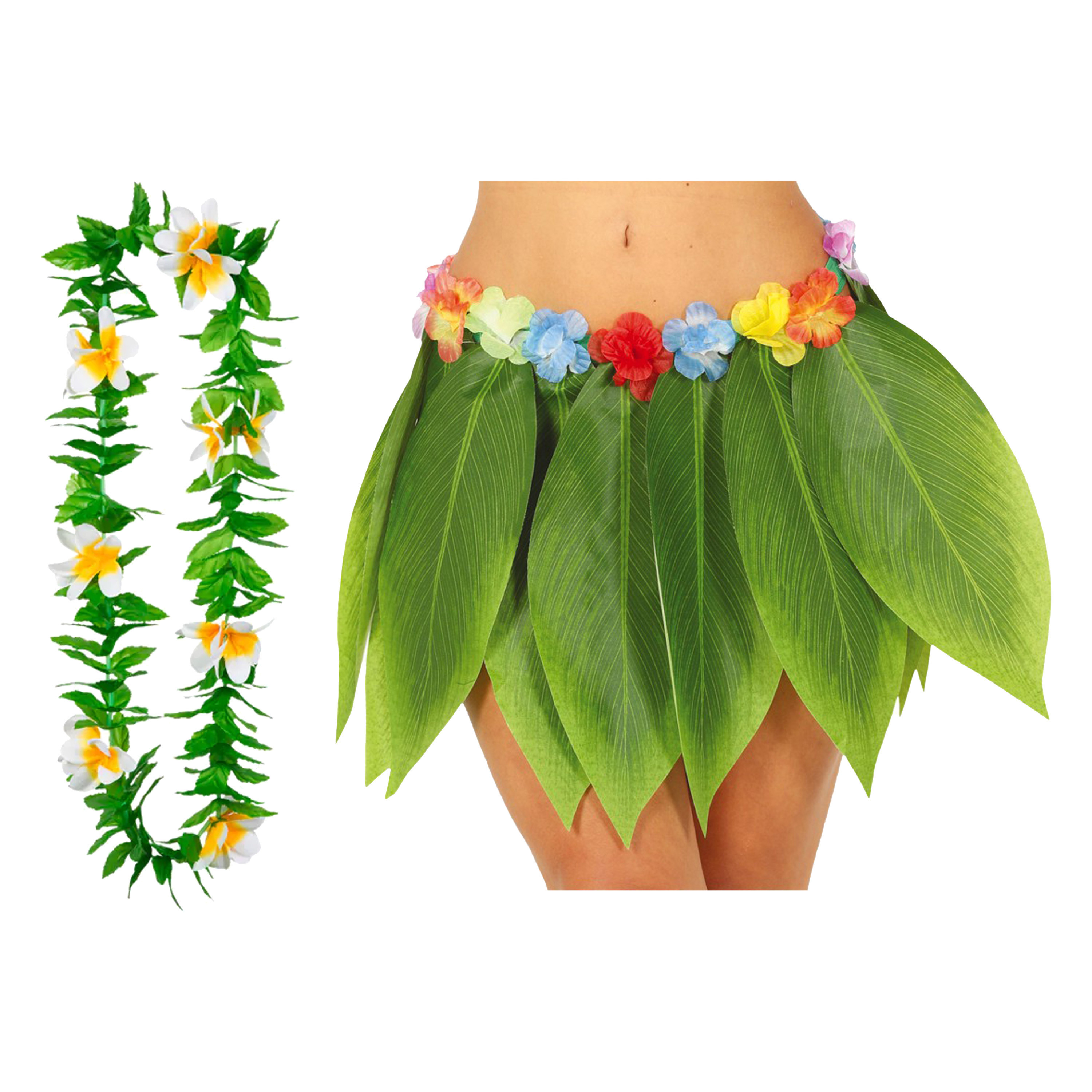 Toppers - Hawaii verkleed hoela rokje en bloemenkrans - volwassenen - groen - tropisch themafeest - hoela