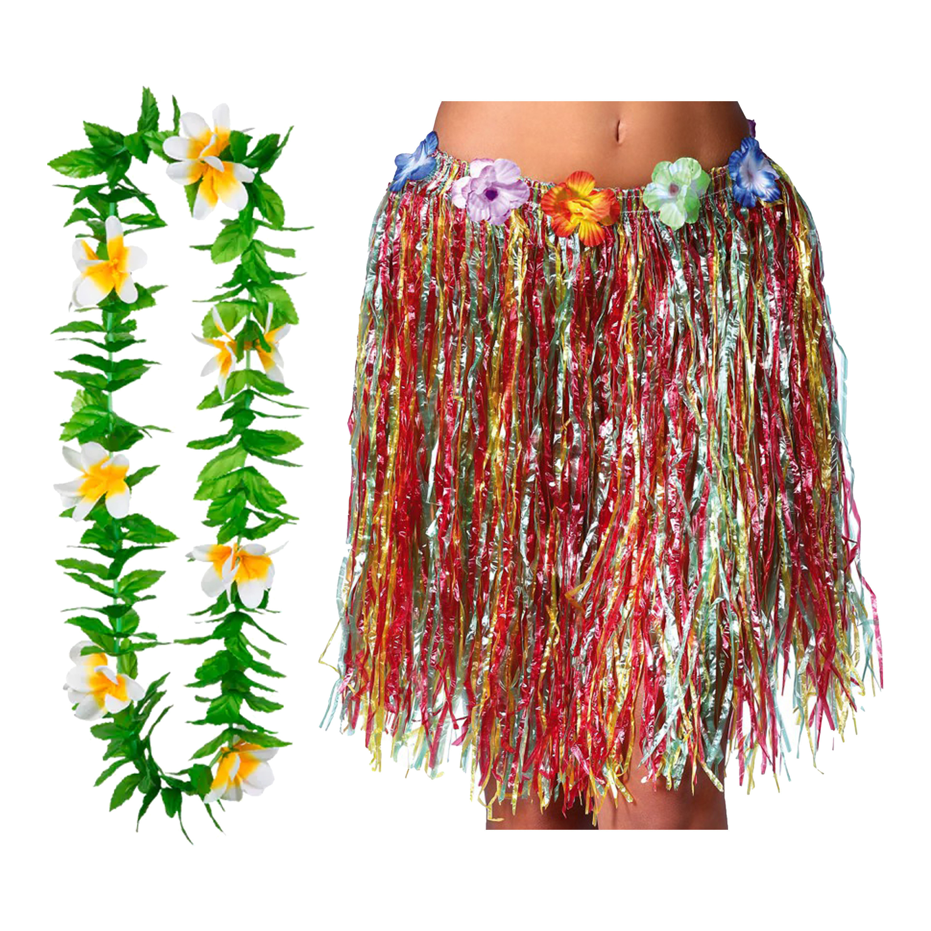 Toppers - Hawaii verkleed hoela rokje en bloemenkrans - volwassenen - multi - tropisch themafeest - hoela