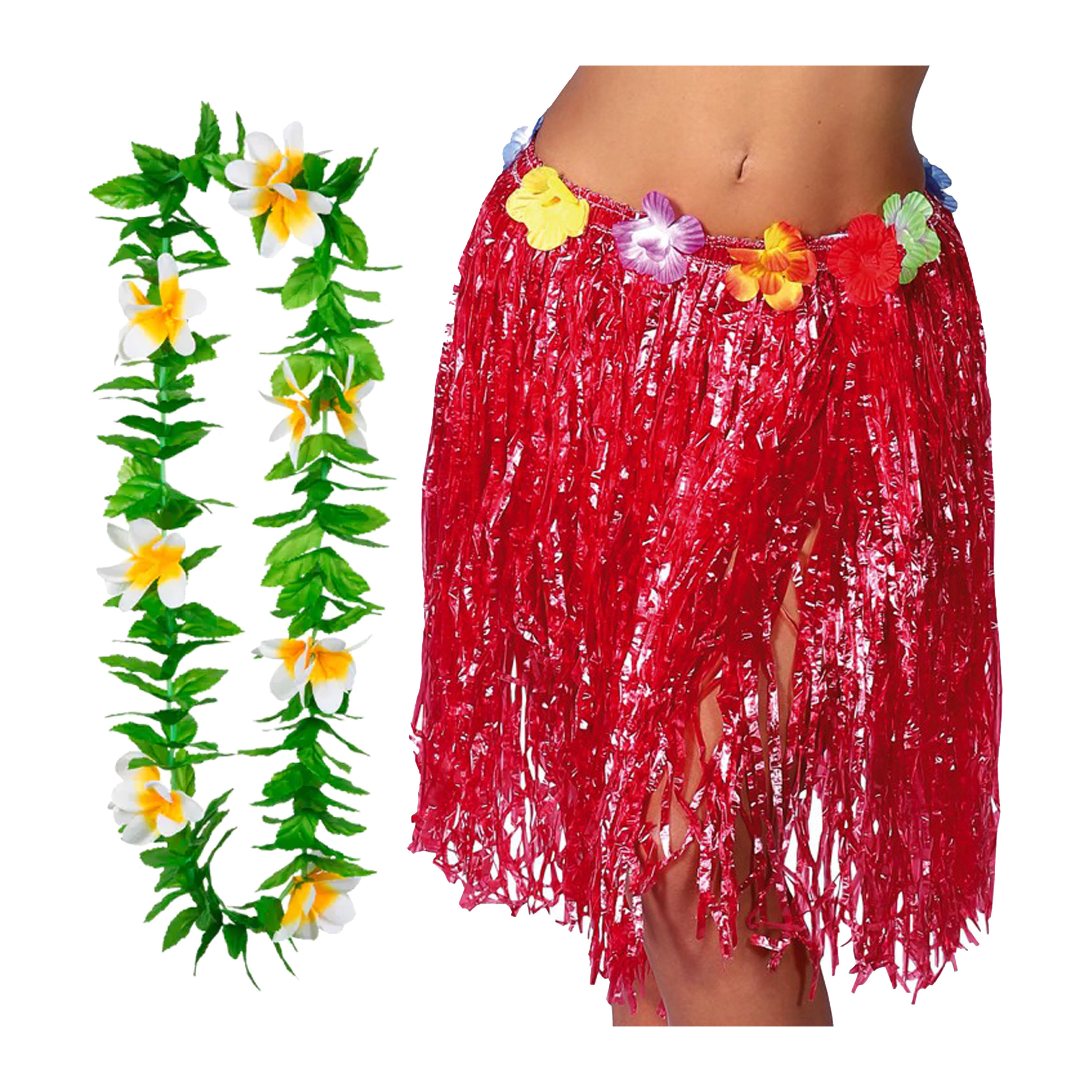 Toppers - Hawaii verkleed hoela rokje en bloemenkrans - volwassenen - rood - tropisch themafeest - hoela