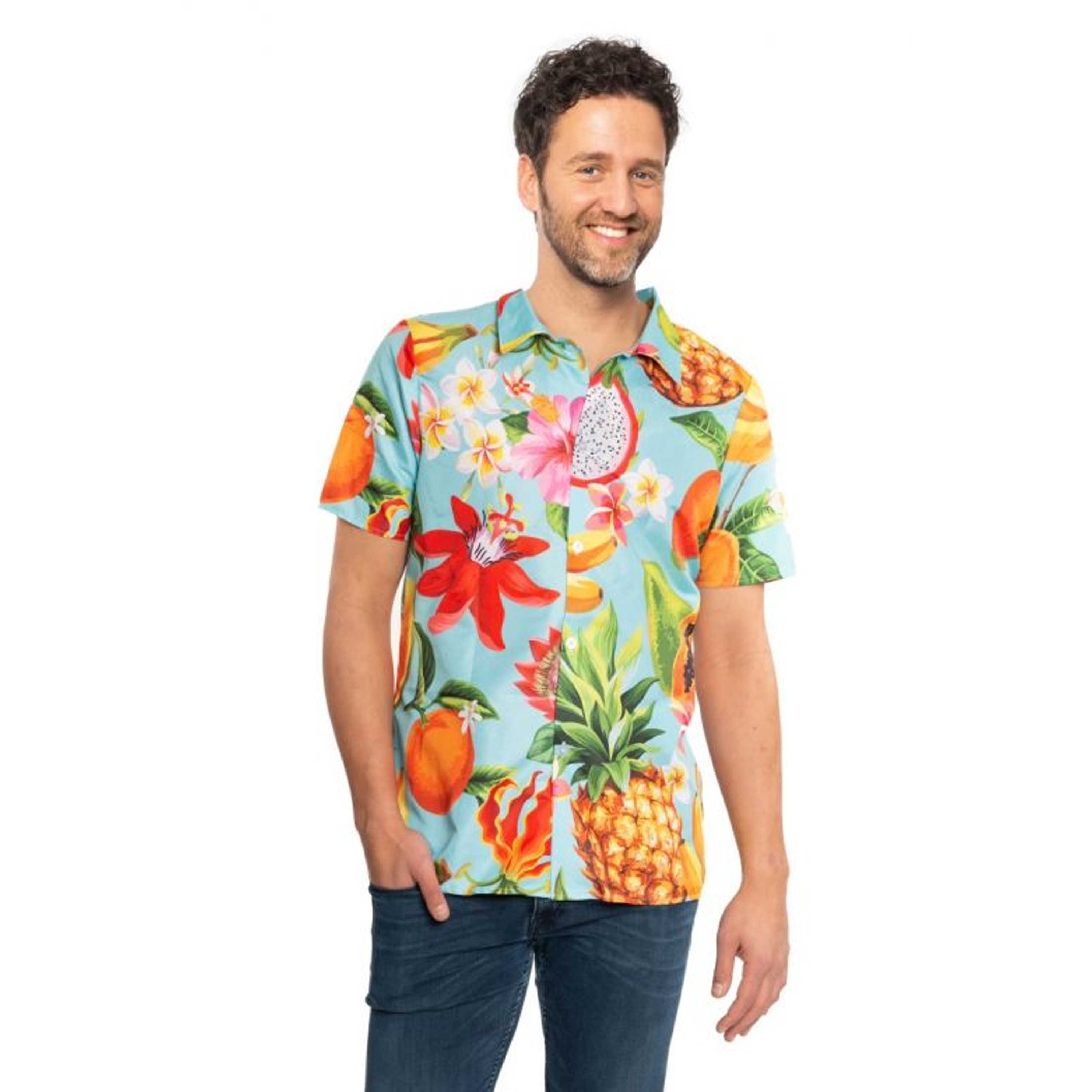 Toppers - Tropical party Hawaii blouse heren - bloemen/fruit - blauw - carnaval/themafeest
