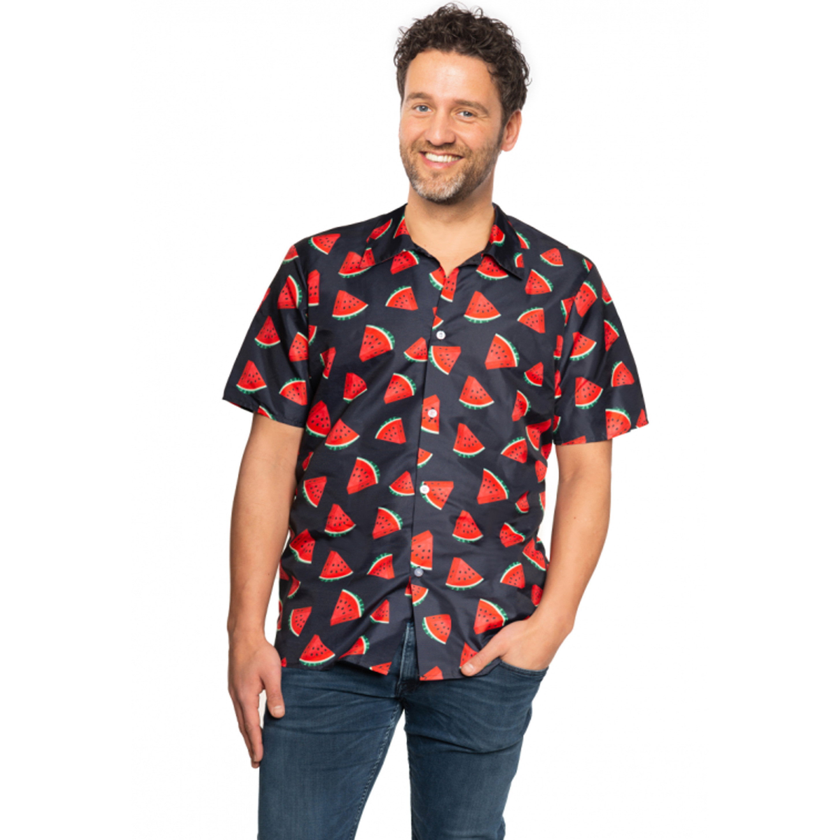 Toppers - Tropical party Hawaii blouse heren - watermeloen - zwart - carnaval/themafeest