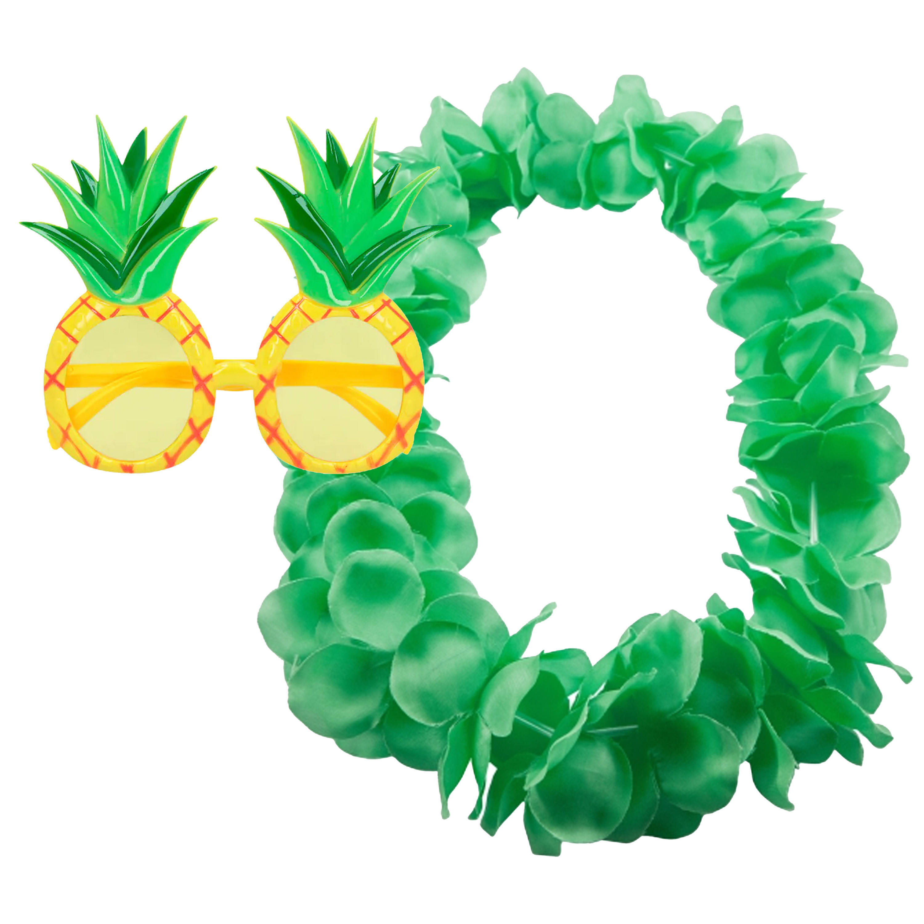 Tropische Hawaii party verkleed accessoires set - Ananas zonnebril - bloemenkrans fluor groen