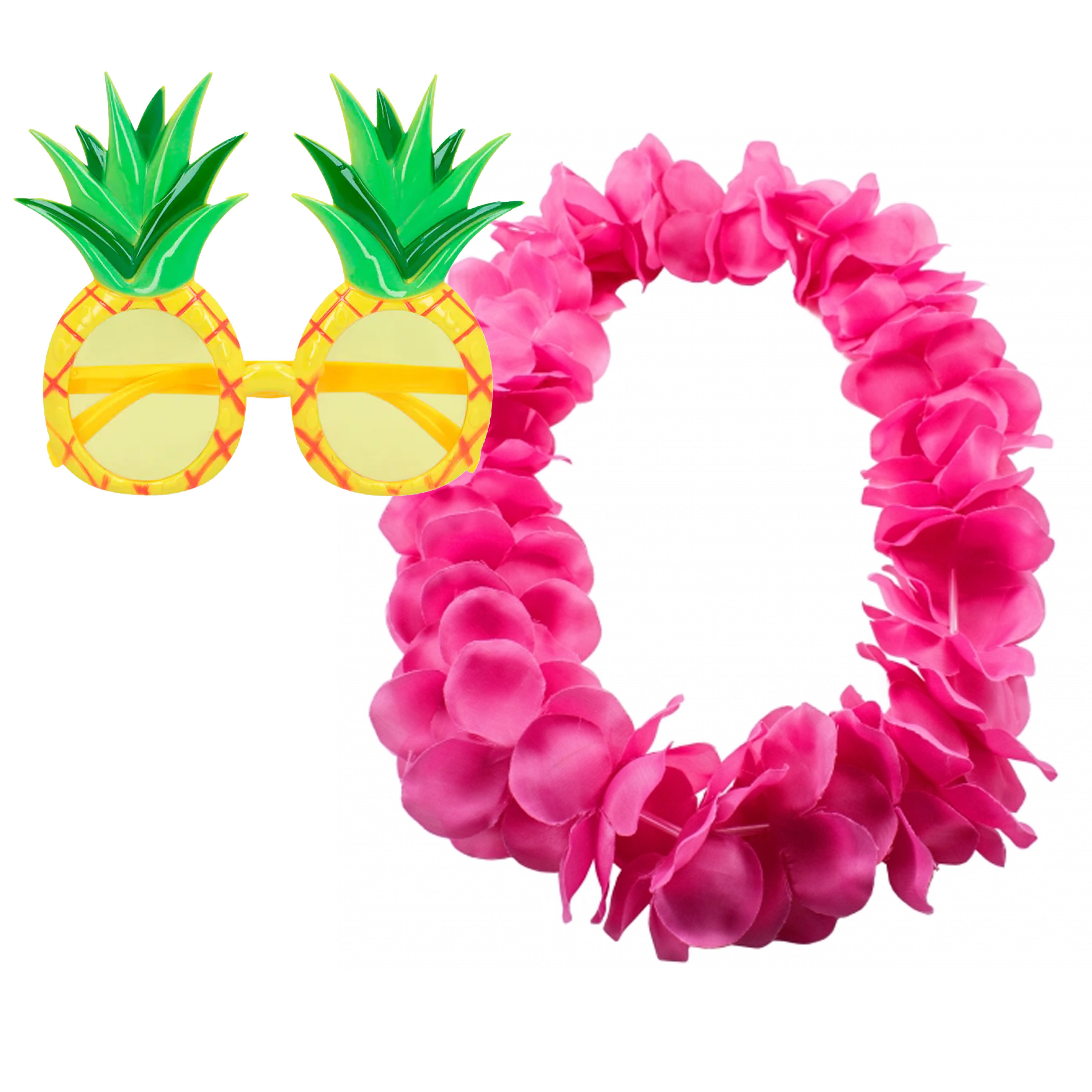 Tropische Hawaii party verkleed accessoires set - Ananas zonnebril - bloemenkrans fuchsia roze