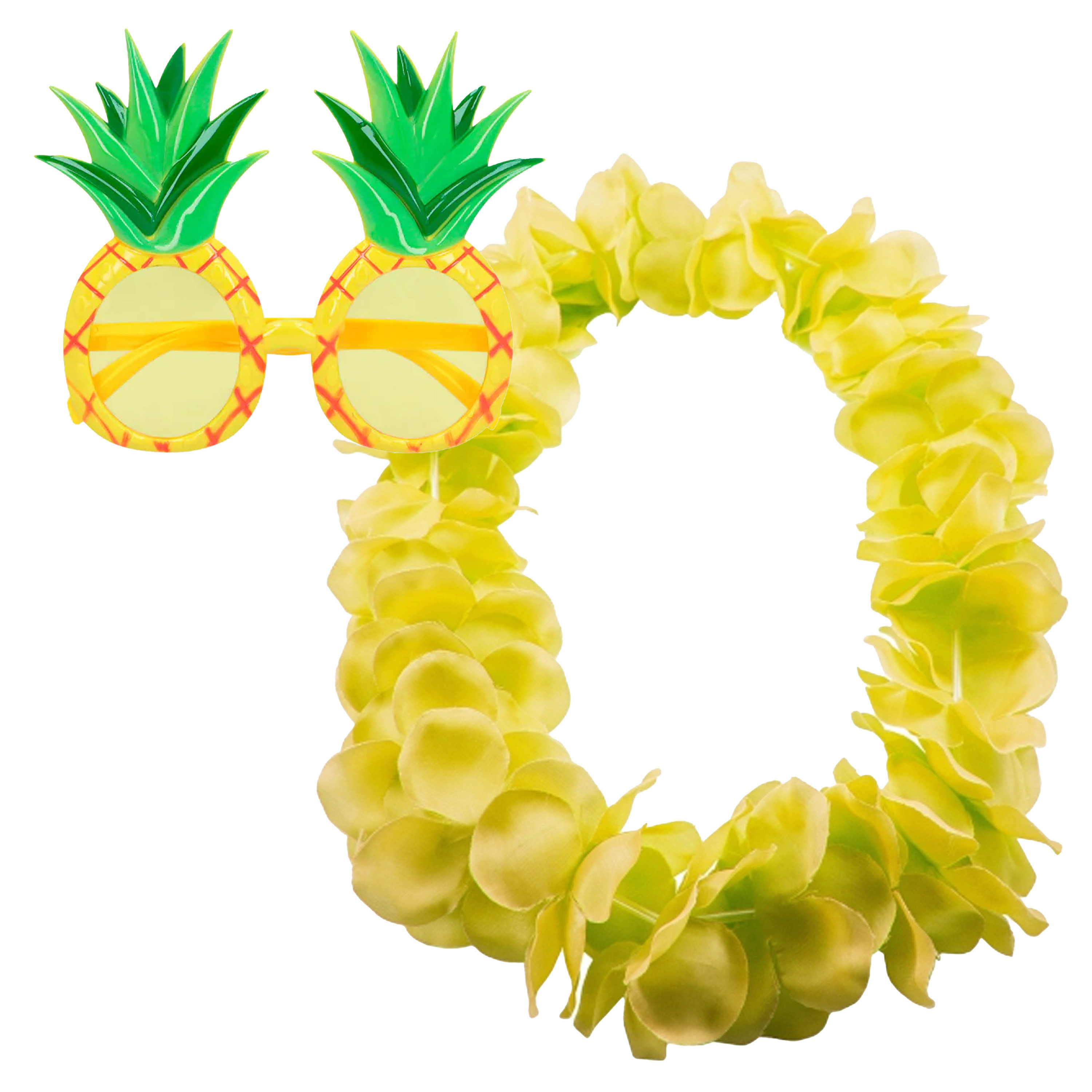 Tropische Hawaii party verkleed accessoires set - Ananas zonnebril - en bloemenkrans fluor geel