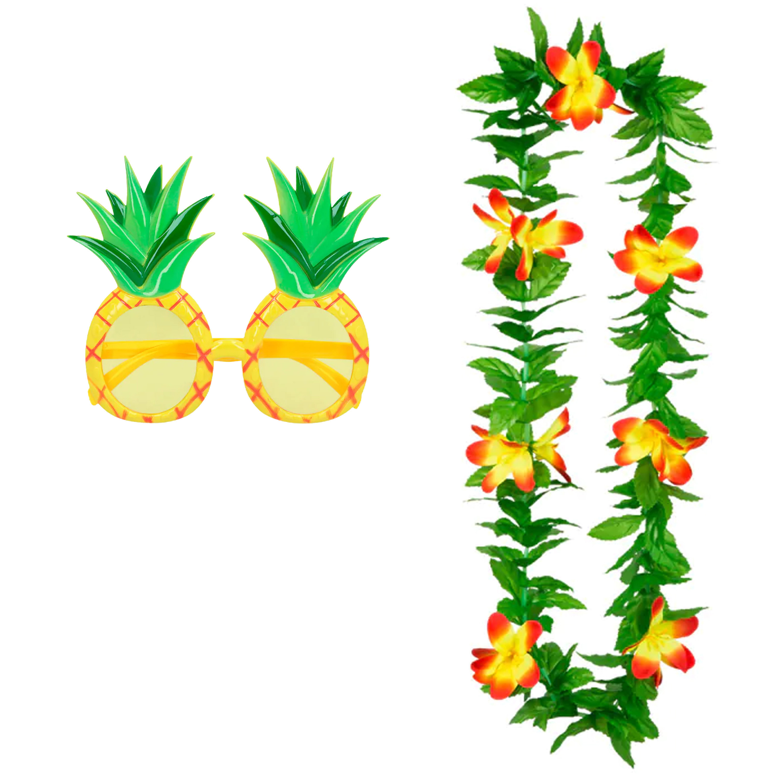 Tropische Hawaii party verkleed accessoires set - Ananas zonnebril - en bloemenkrans groen/geel