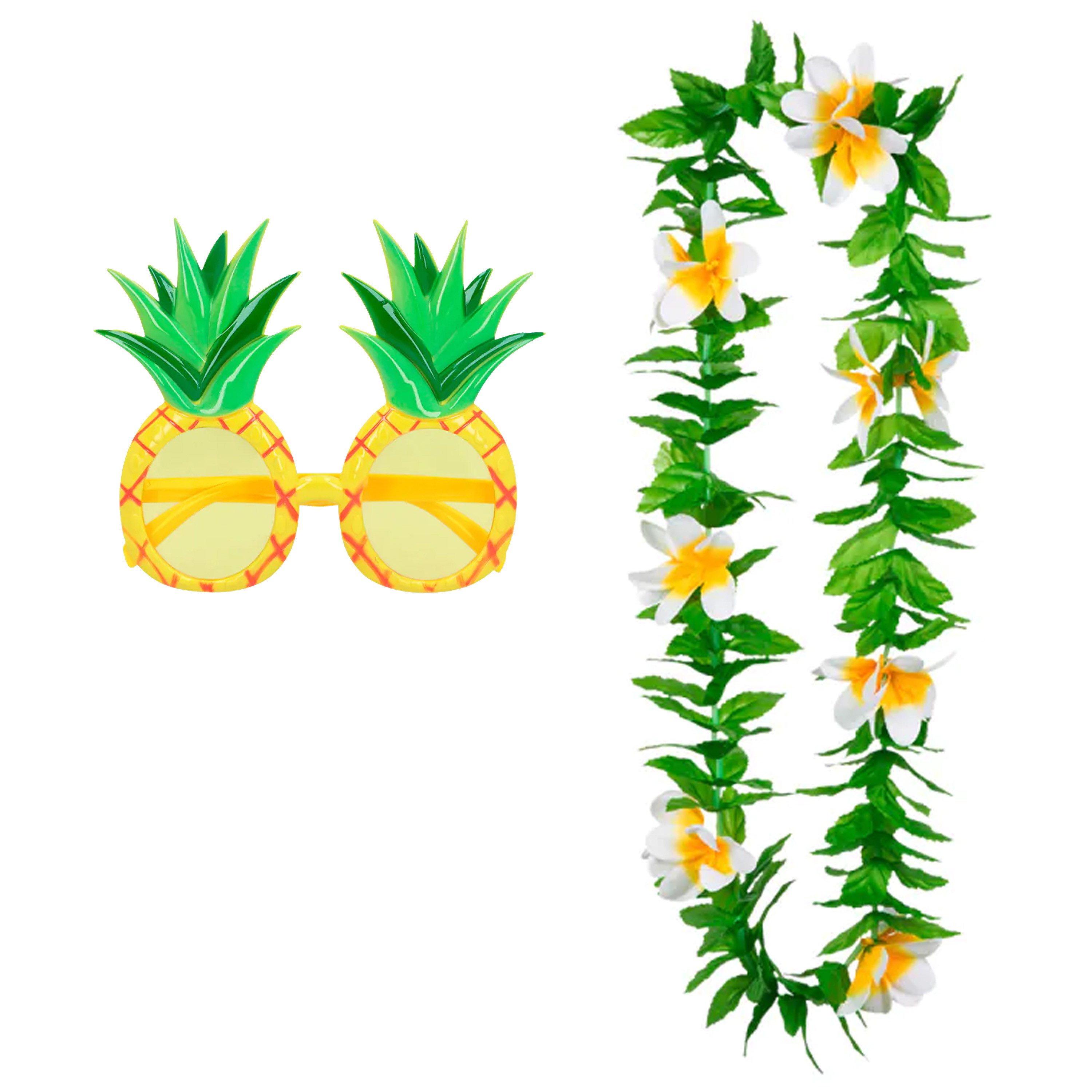 Tropische Hawaii party verkleed accessoires set - Ananas zonnebril - en bloemenkrans groen/wit