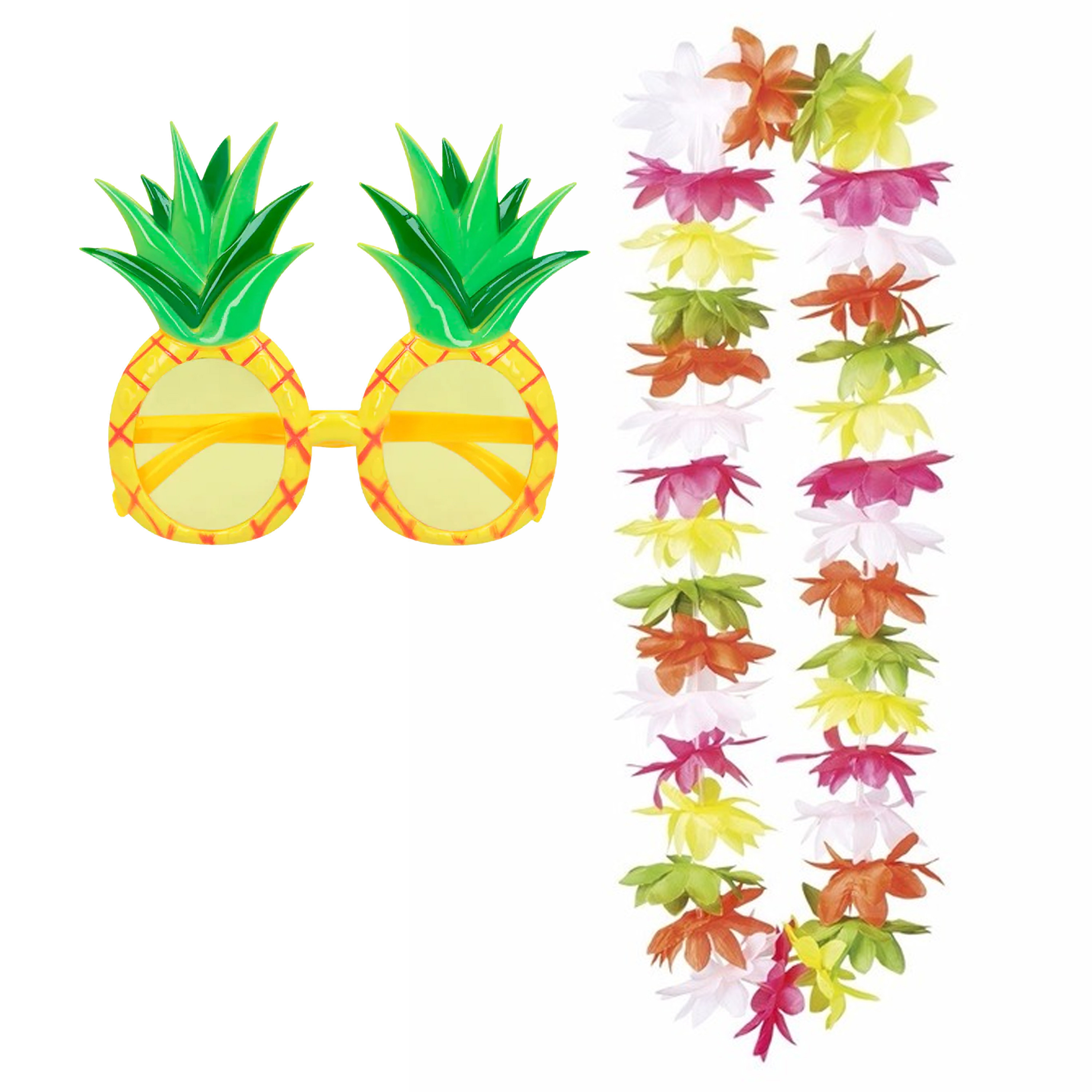 Tropische Hawaii party verkleed accessoires set - Ananas zonnebril - en bloemenkrans multi kleuren