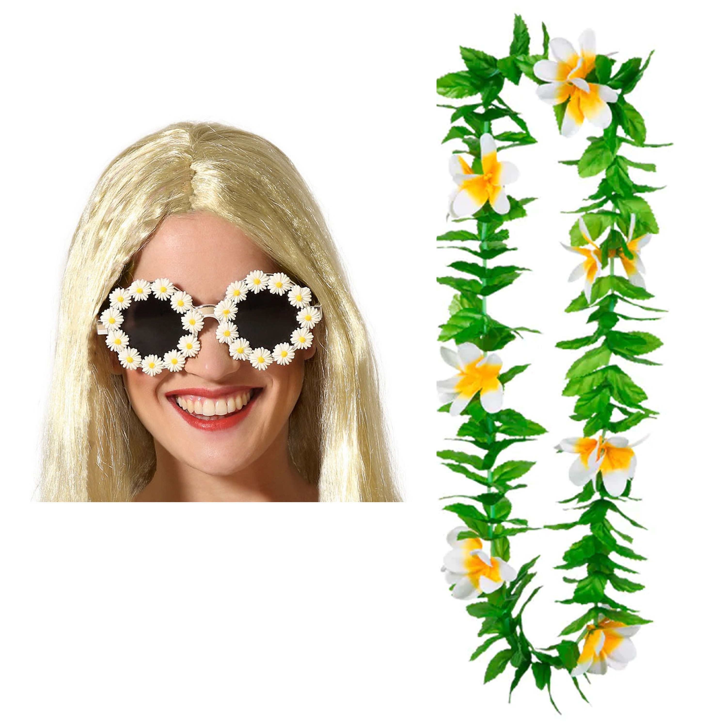 Tropische Hawaii party verkleed accessoires set - bloemen zonnebril - en bloemenkrans groen/wit