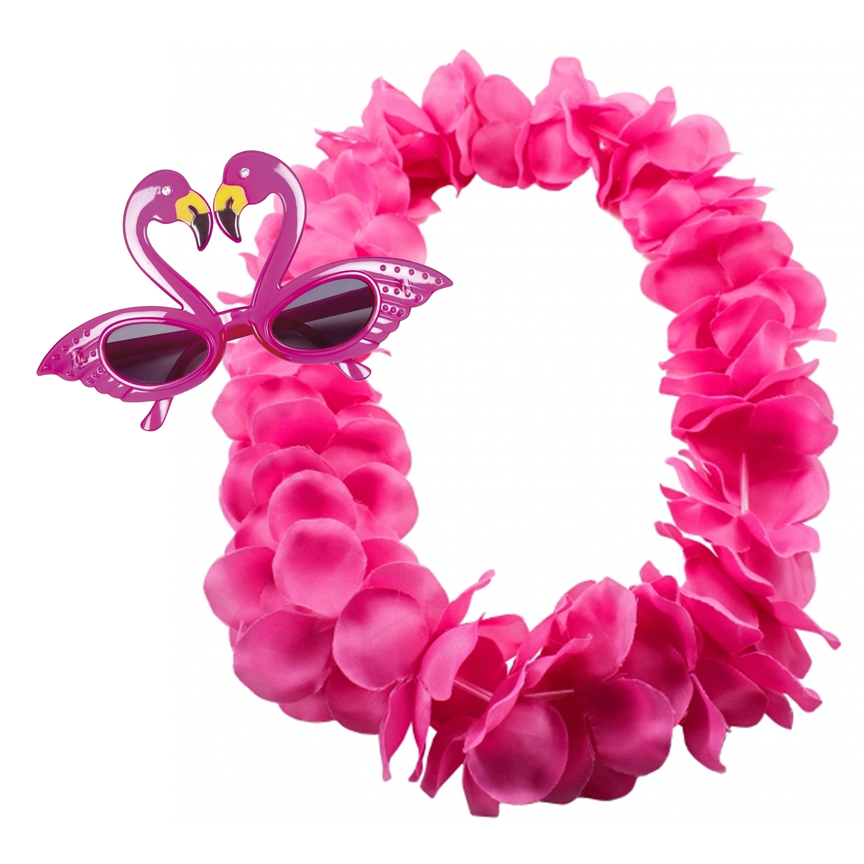 Tropische Hawaii party verkleed accessoires set - Flamingos zonnebril - bloemenkrans fuchsia roze