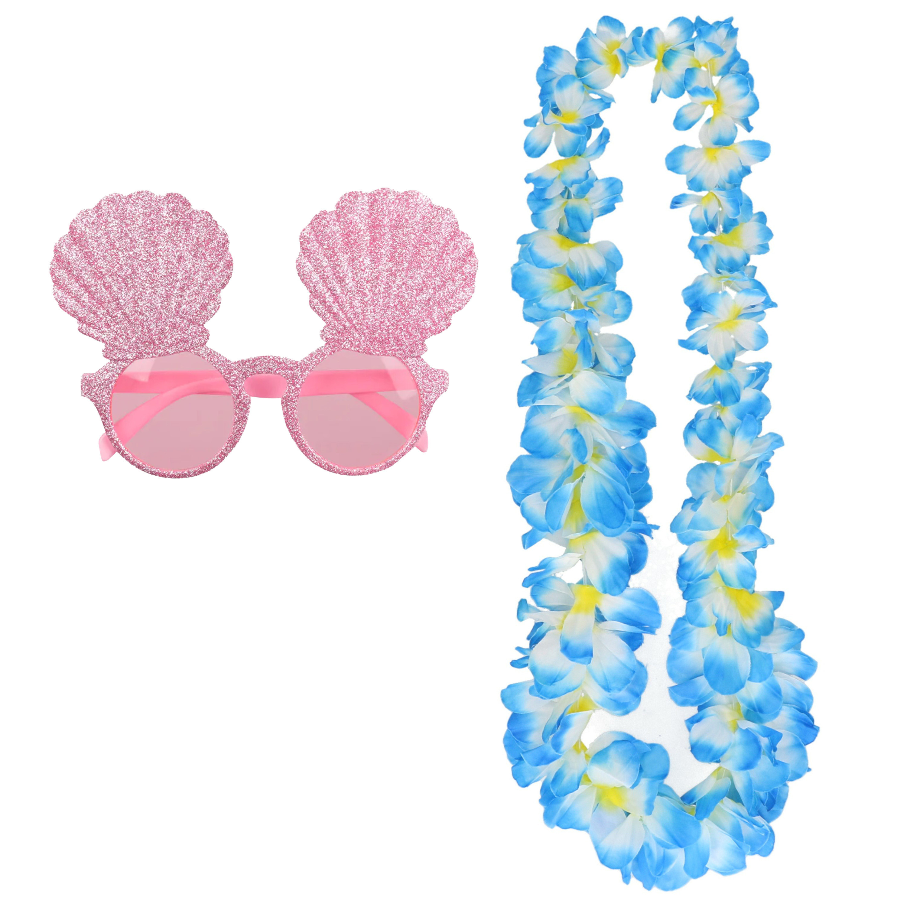 Tropische Hawaii party verkleed accessoires set - schelpen zonnebril - en bloemenkrans blauw