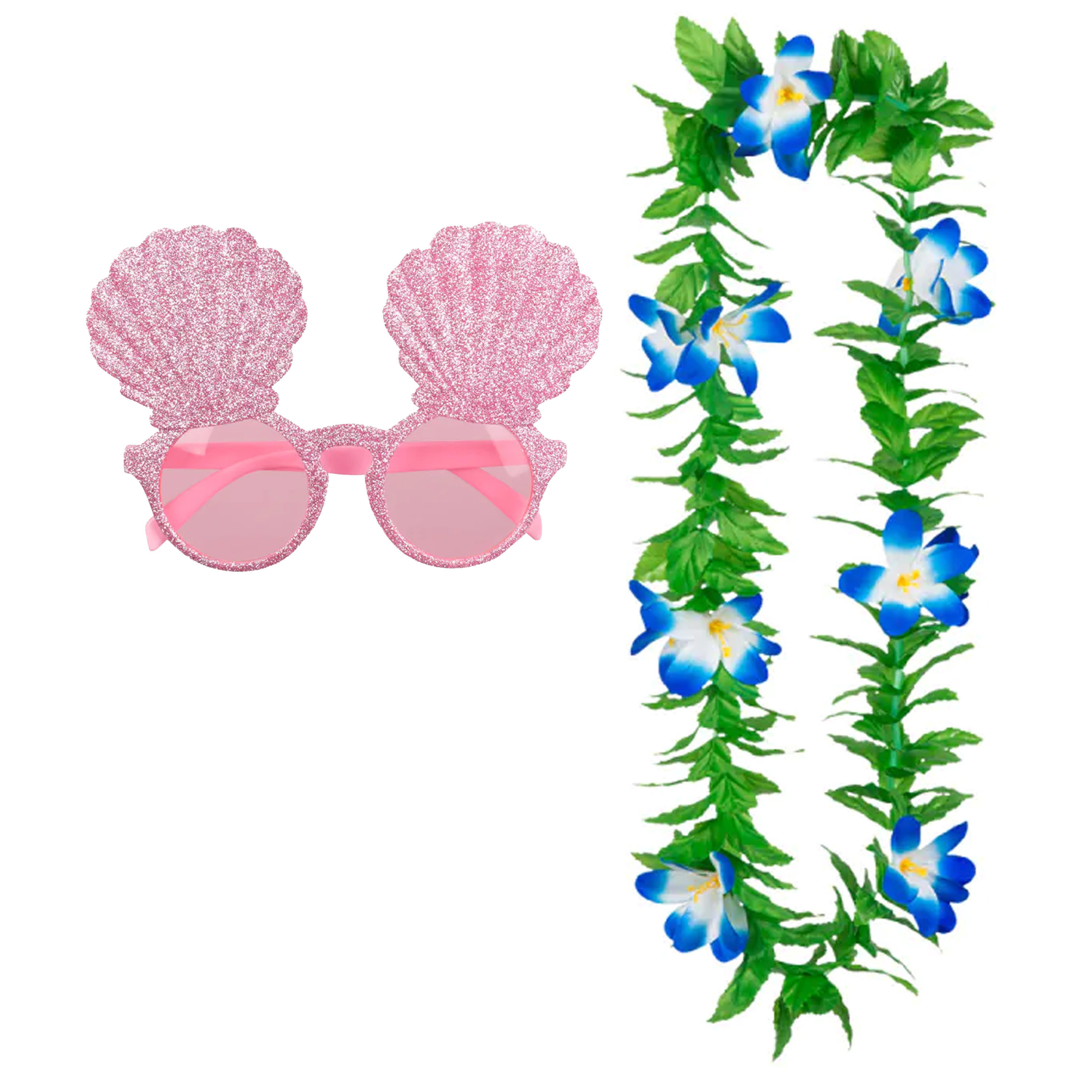 Tropische Hawaii party verkleed accessoires set - schelpen zonnebril - en bloemenkrans groen/blauw