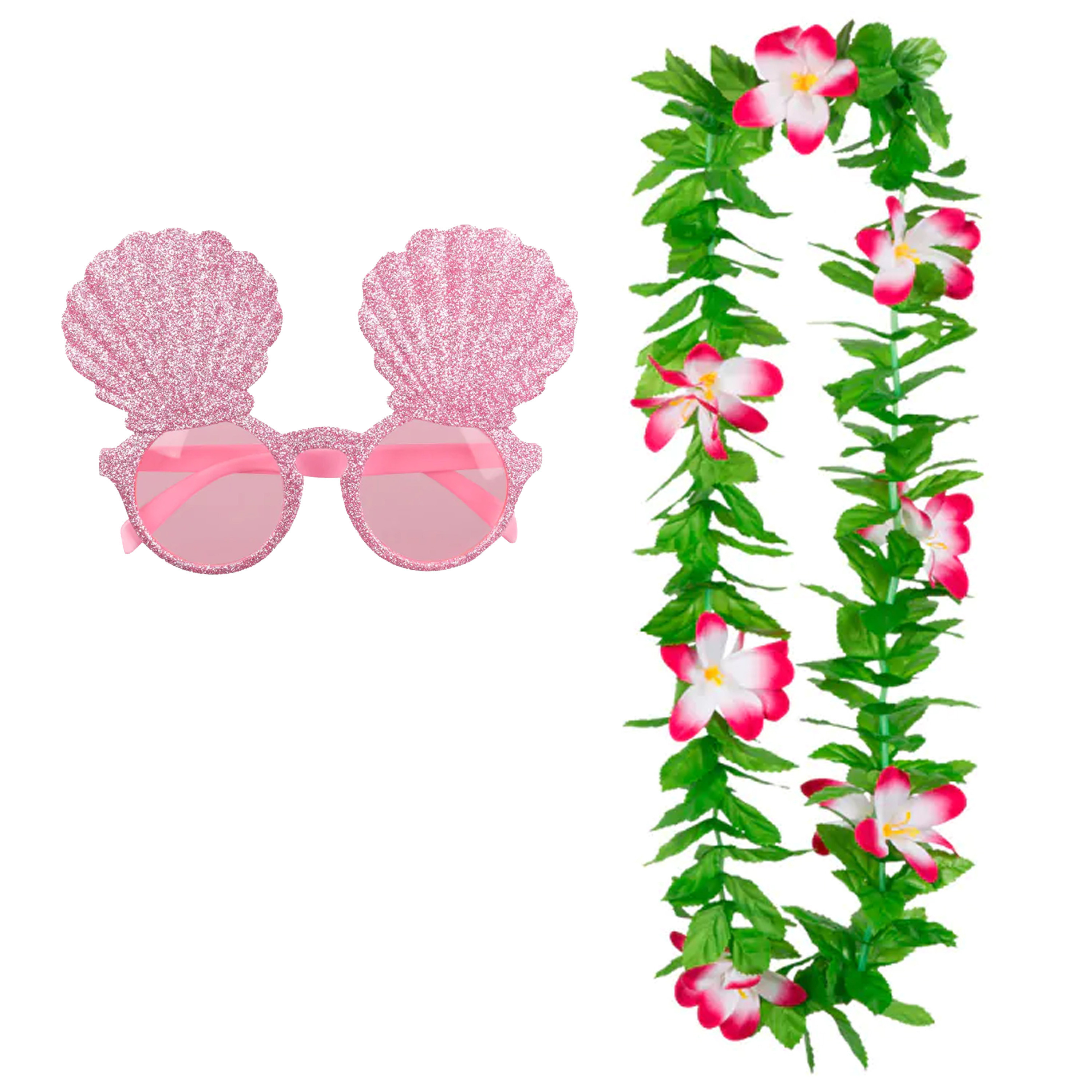 Tropische Hawaii party verkleed accessoires set - schelpen zonnebril - en bloemenkrans groen/roze