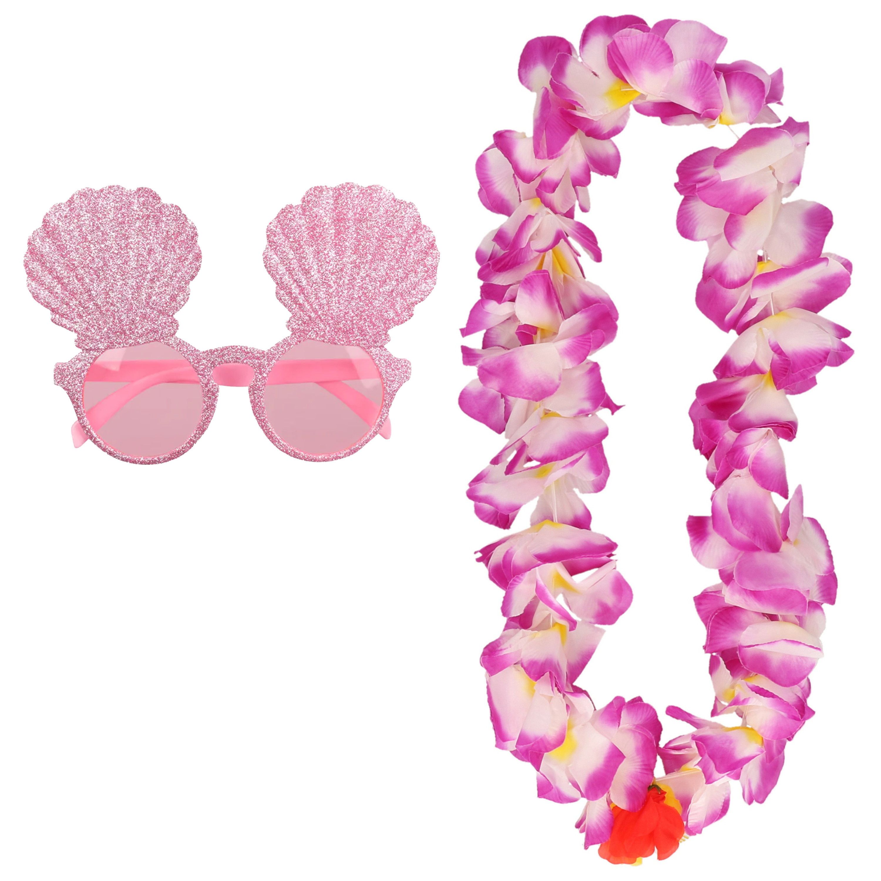 Tropische Hawaii party verkleed accessoires set - schelpen zonnebril - en bloemenkrans roze