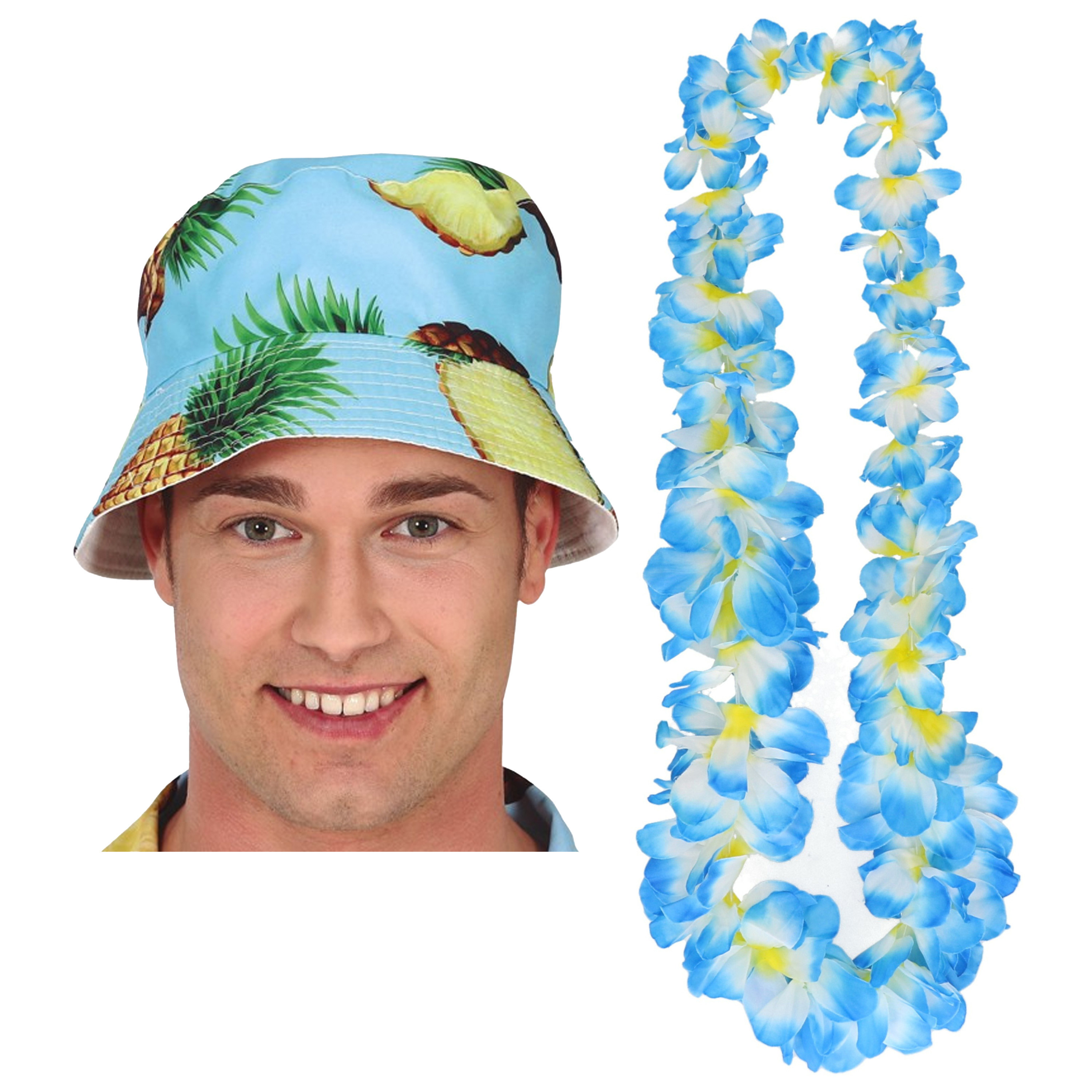 Tropische Hawaii party verkleedset - bucket hoedje - met bloemenslinger lichtblauw - volwassenen