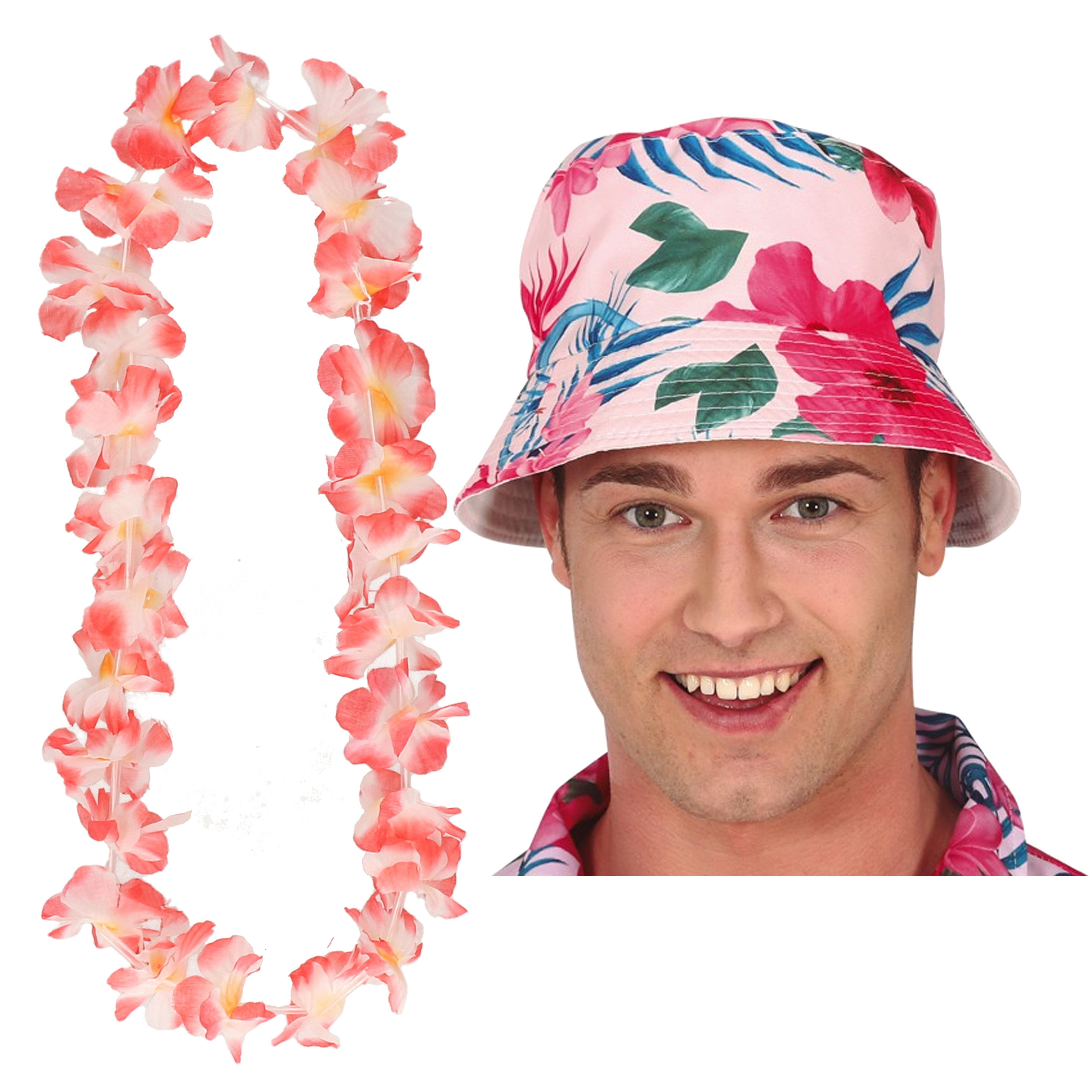 Tropische Hawaii party verkleedset - bucket hoedje - met bloemenslinger roze - volwassenen