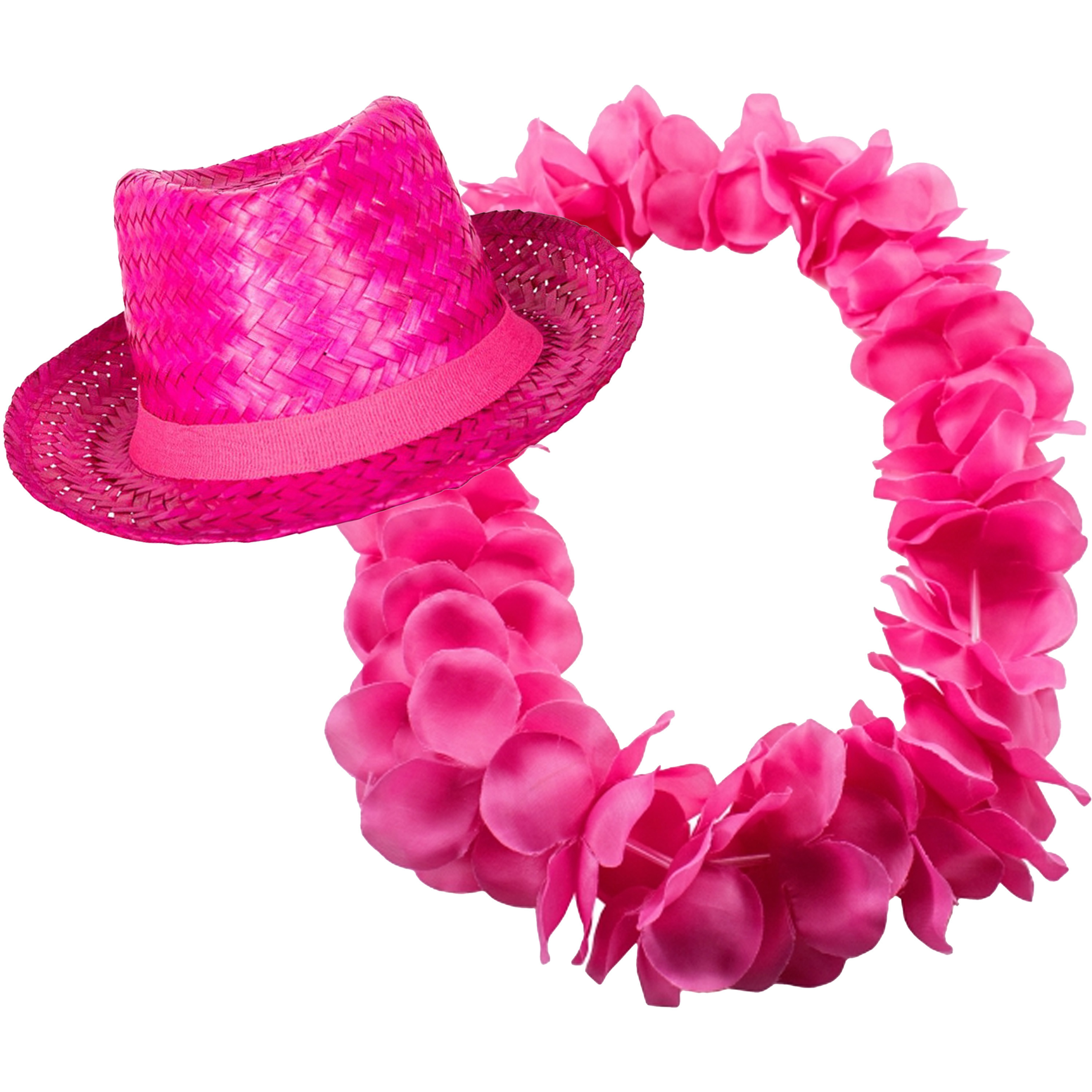 Tropische Hawaii party verkleedset - strohoedje - en bloemenkrans - fuchsia roze