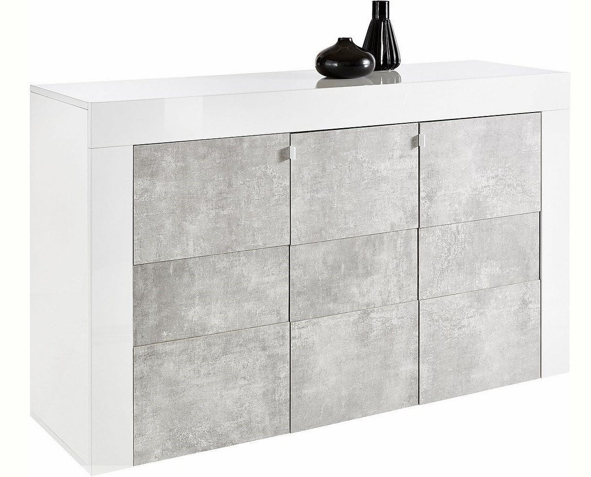 Dressoir Easy 138 cm breed - Hoogglans wit met grijs beton