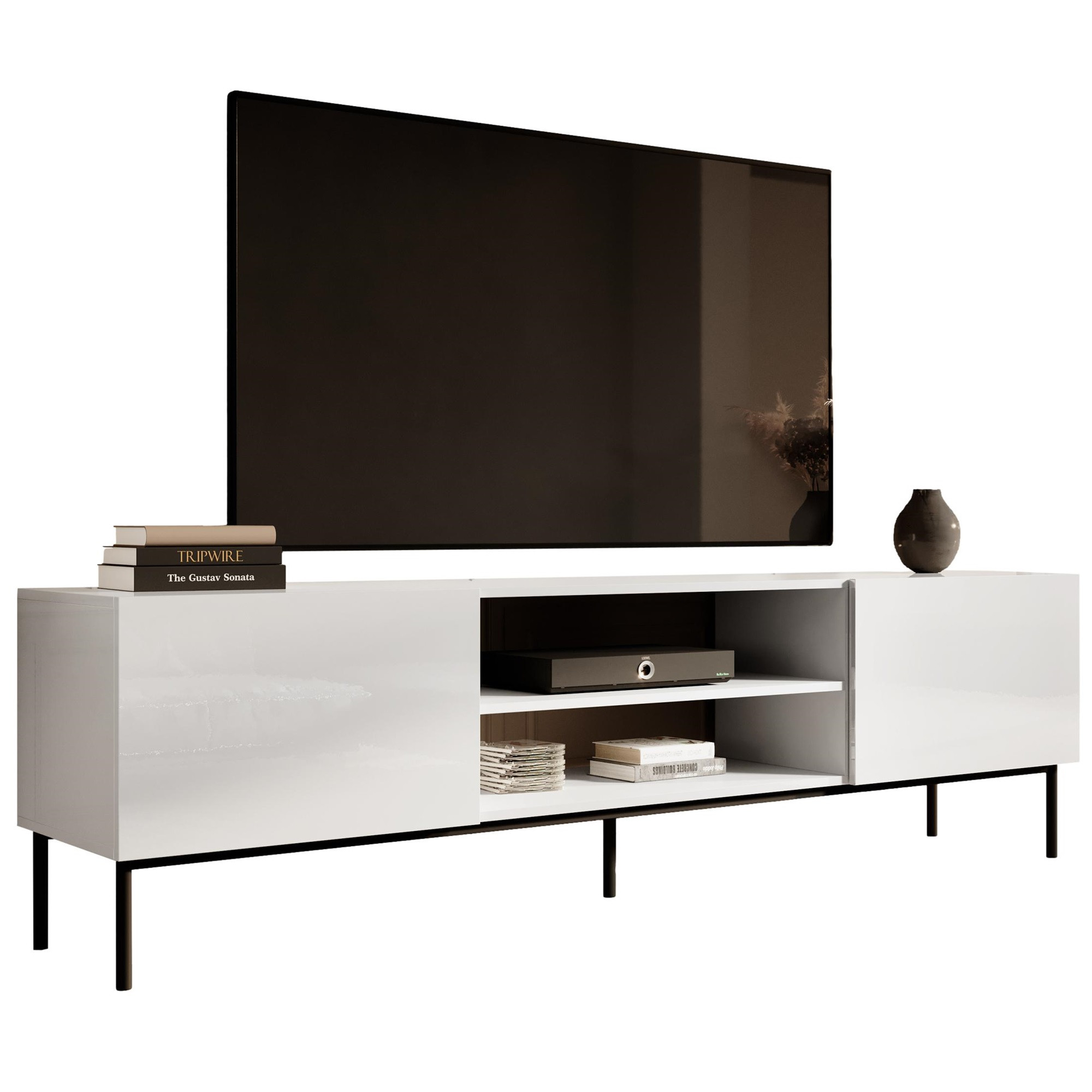 Tv-meubel Slide 200 cm breed hoogglans wit met zwarte poten