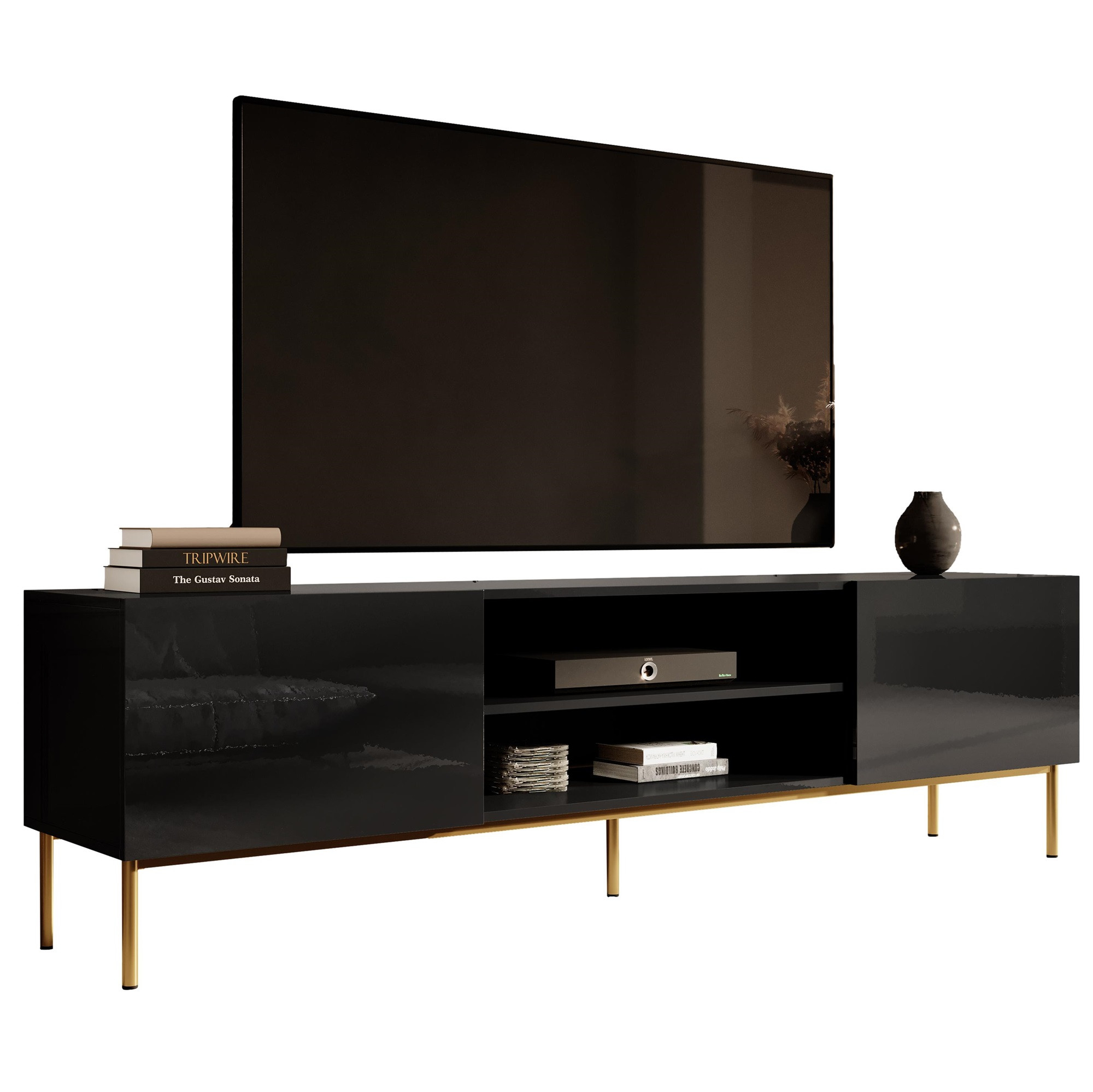 Tv-meubel Slide 200 cm breed hoogglans zwart met goude poten