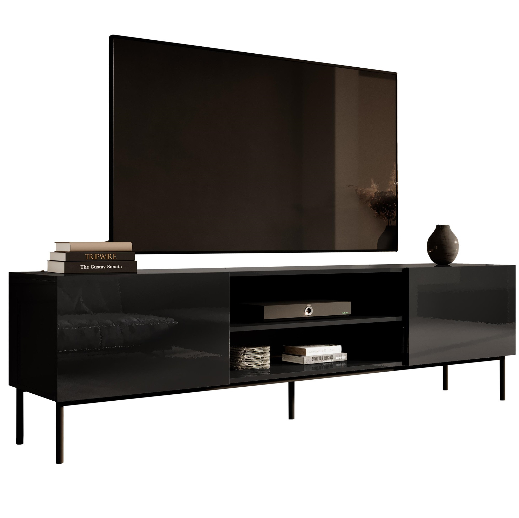 Tv-meubel Slide 200 cm breed hoogglans zwart met zwarte poten