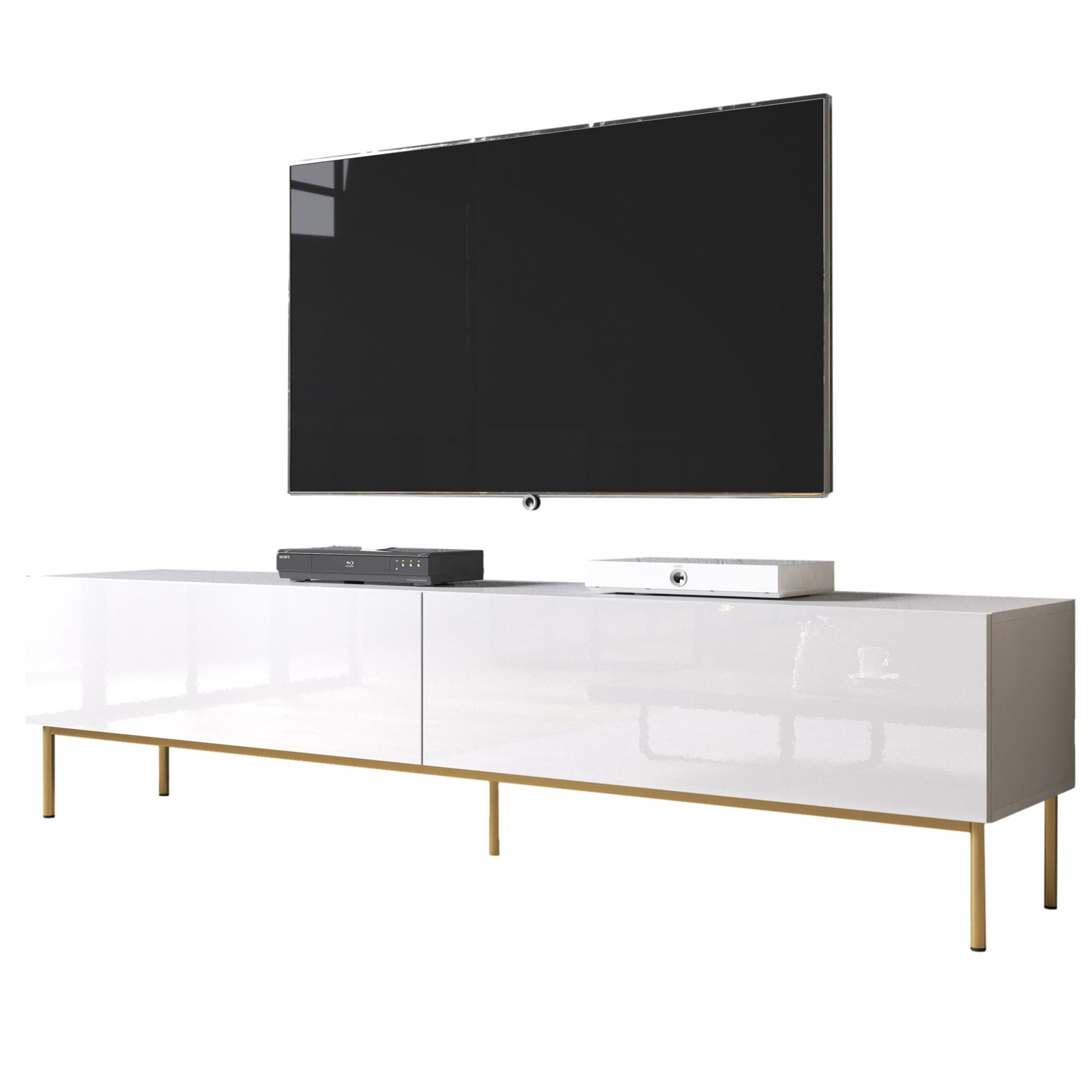 Tv-meubel Slide 2D 200 cm breed hoogglans wit met goude poten