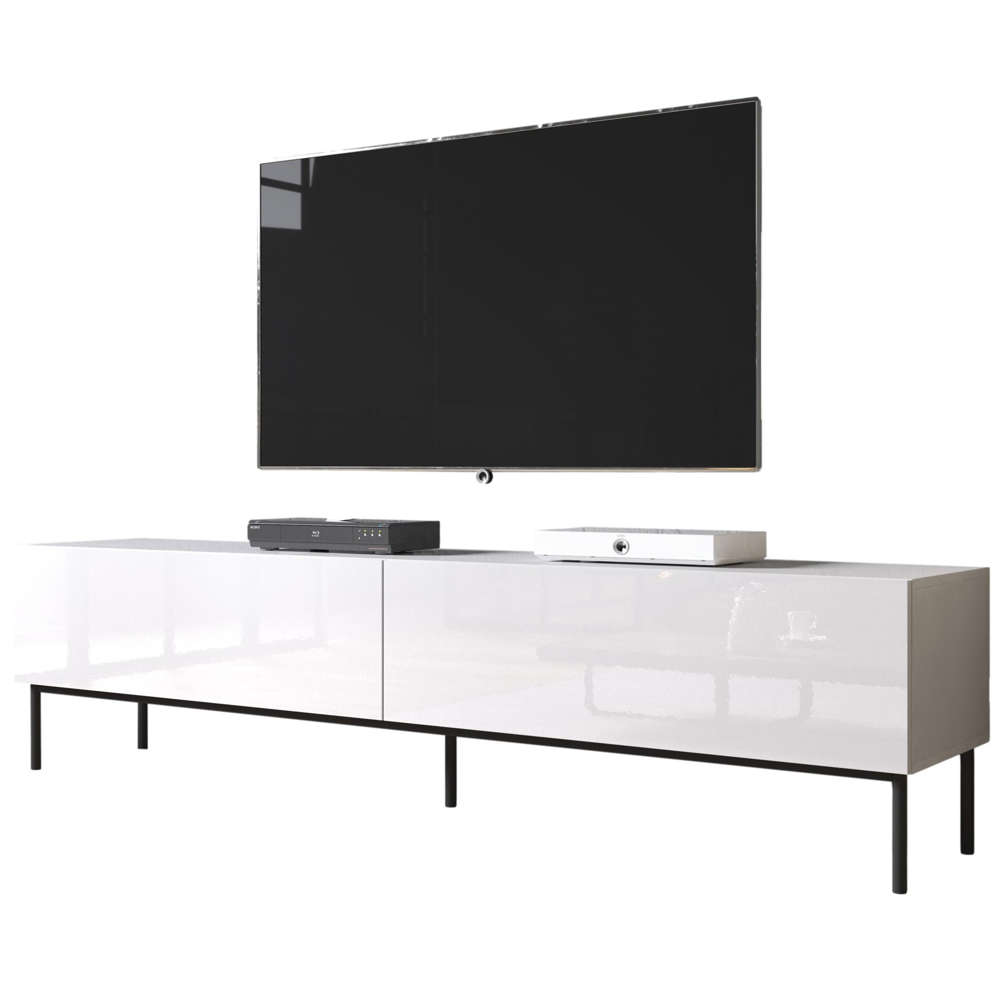 Tv-meubel Slide 2D 200 cm breed hoogglans wit met zwarte poten