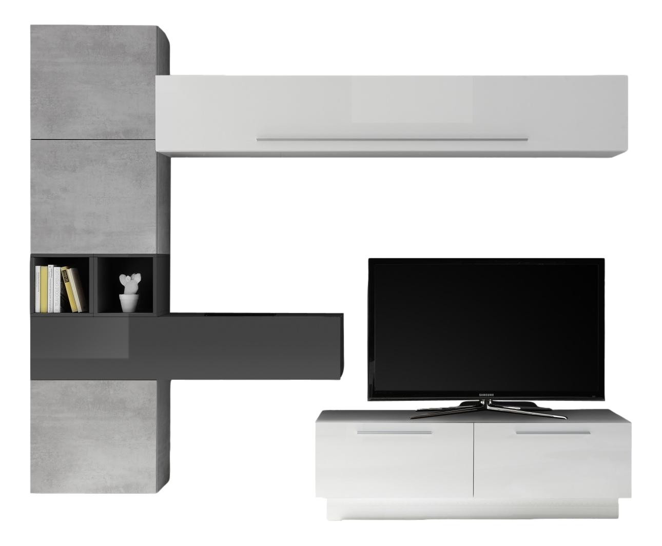 TV-wandmeubel set Toca in hoogglans wit en grijs met grijs beton