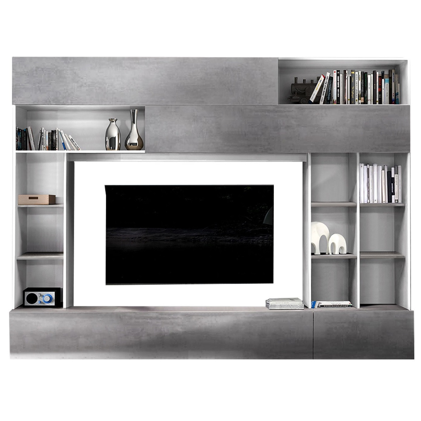 Tv-wandmeubel Tiko 277 cm breed in wit met grijs beton