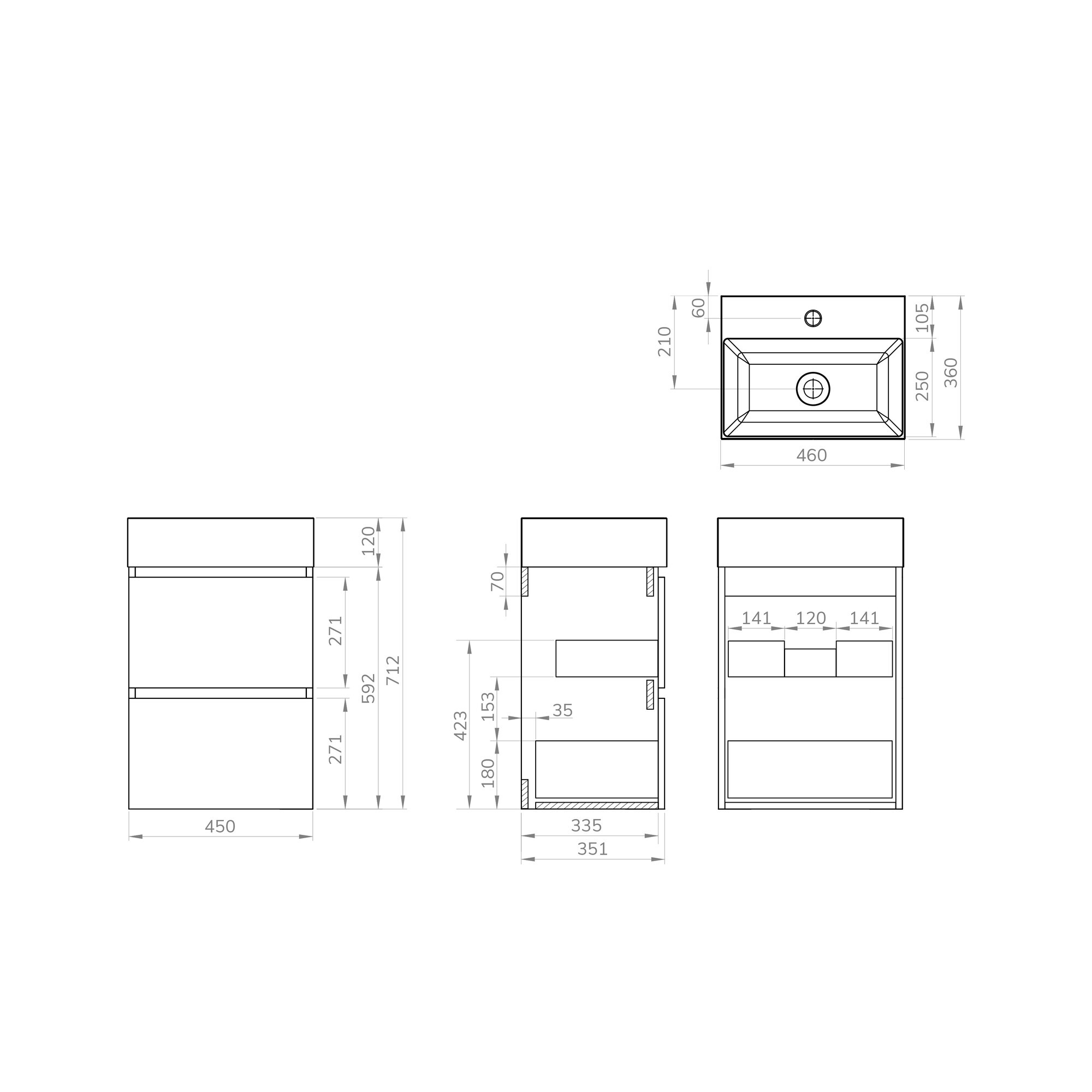 Wiesbaden Mini onderkast met 2 laden 45 cm mat zwart en wastafel keramiek glans wit