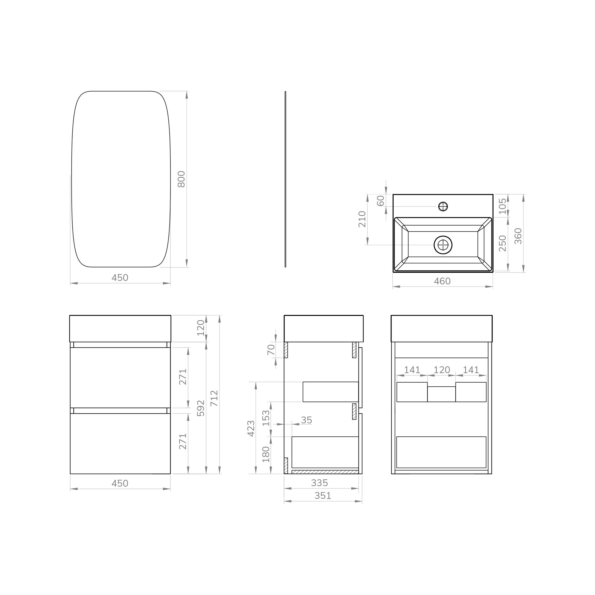 Wiesbaden Mini onderkast met 2 laden glans wit en wastafel keramiek glans wit 45 cm inclusief spiegel