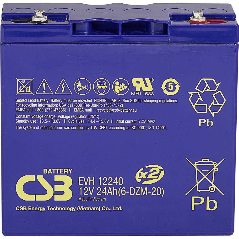 CSB Battery EVH 12240 Loodaccu 12 V 24 Ah Loodvlies (AGM) (b x h x d) 181 x 170 x 170 mm M5-schroefaansluiting Cyclusbestendig, Onderhoudsvrij, Geringe
