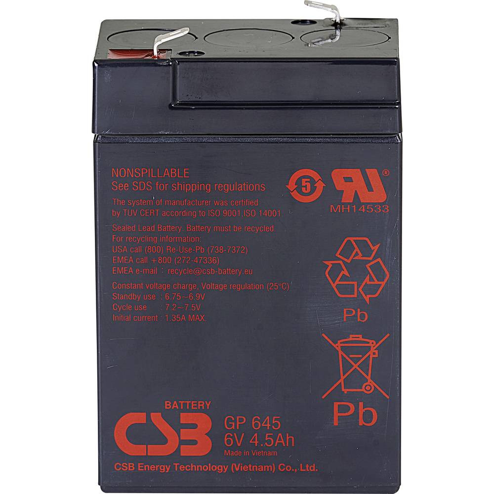 CSB Battery GP 645 Standby USV Loodaccu 6 V 4.5 Ah Loodvlies (AGM) (b x h x d) 70 x 107 x 48 mm Kabelschoen 4.8 mm Onderhoudsvrij, Geringe zelfontlading