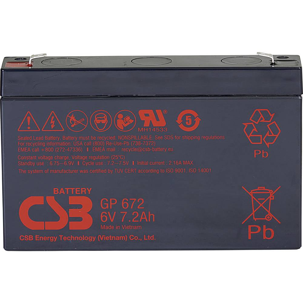 CSB Battery GP 672 Standby USV Loodaccu 6 V 7.2 Ah Loodvlies (AGM) (b x h x d) 151 x 101 x 34 mm Kabelschoen 4.8 mm, Kabelschoen 6.35 mm Onderhoudsvrij,