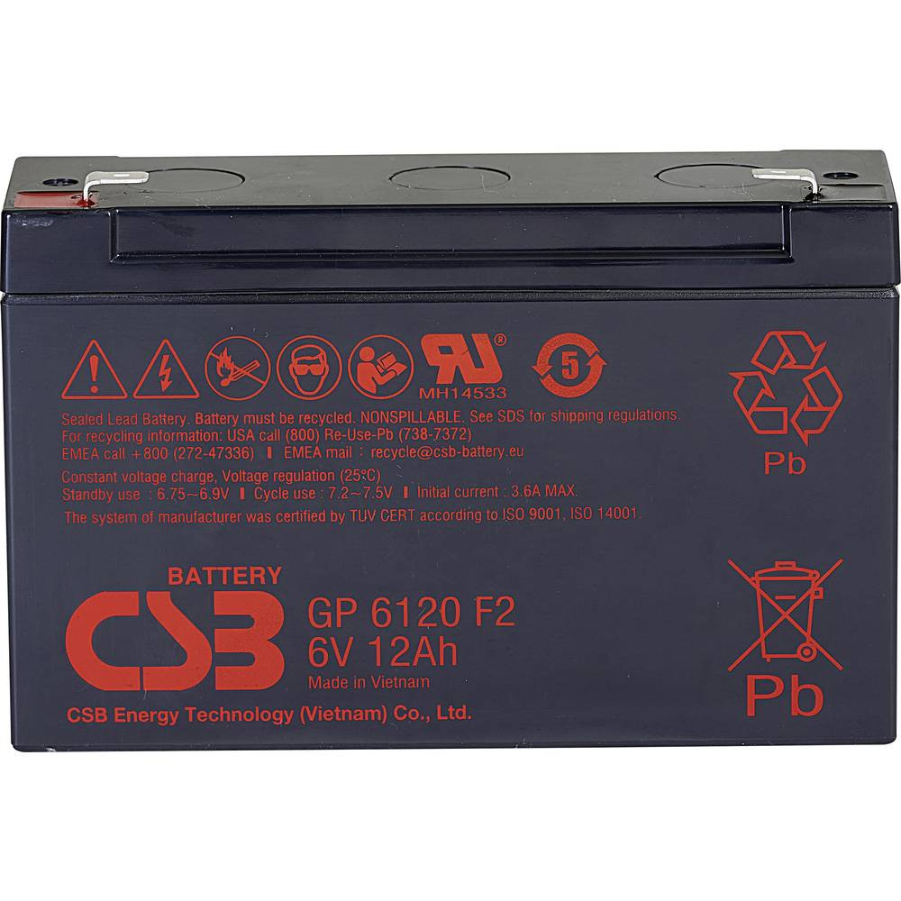 CSB Battery GP 6120 Standby USV Loodaccu 6 V 12 Ah Loodvlies (AGM) (b x h x d) 151 x 101 x 50 mm Kabelschoen 4.8 mm, Kabelschoen 6.35 mm Onderhoudsvrij,