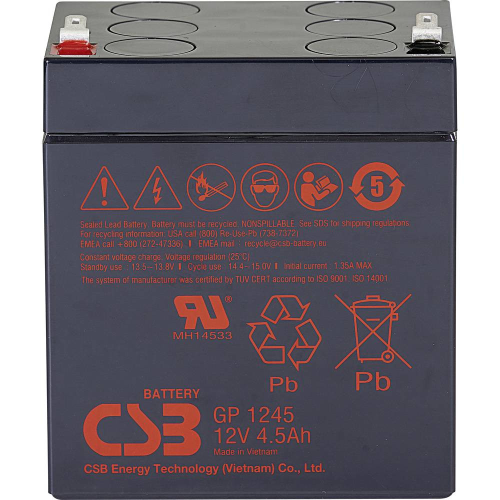 CSB Battery GP 1245 Standby USV Loodaccu 12 V 4.5 Ah Loodvlies (AGM) (b x h x d) 93 x 108 x 70 mm Kabelschoen 4.8 mm, Kabelschoen 6.35 mm Onderhoudsvrij,