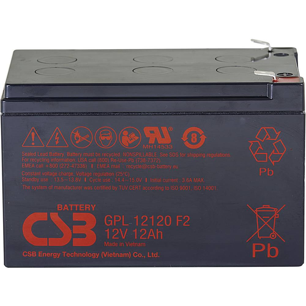 CSB Battery GPL 12120 Loodaccu 12 V 12 Ah Loodvlies (AGM) (b x h x d) 151 x 100 x 98 mm Kabelschoen 6.35 mm Onderhoudsvrij, Geringe zelfontlading