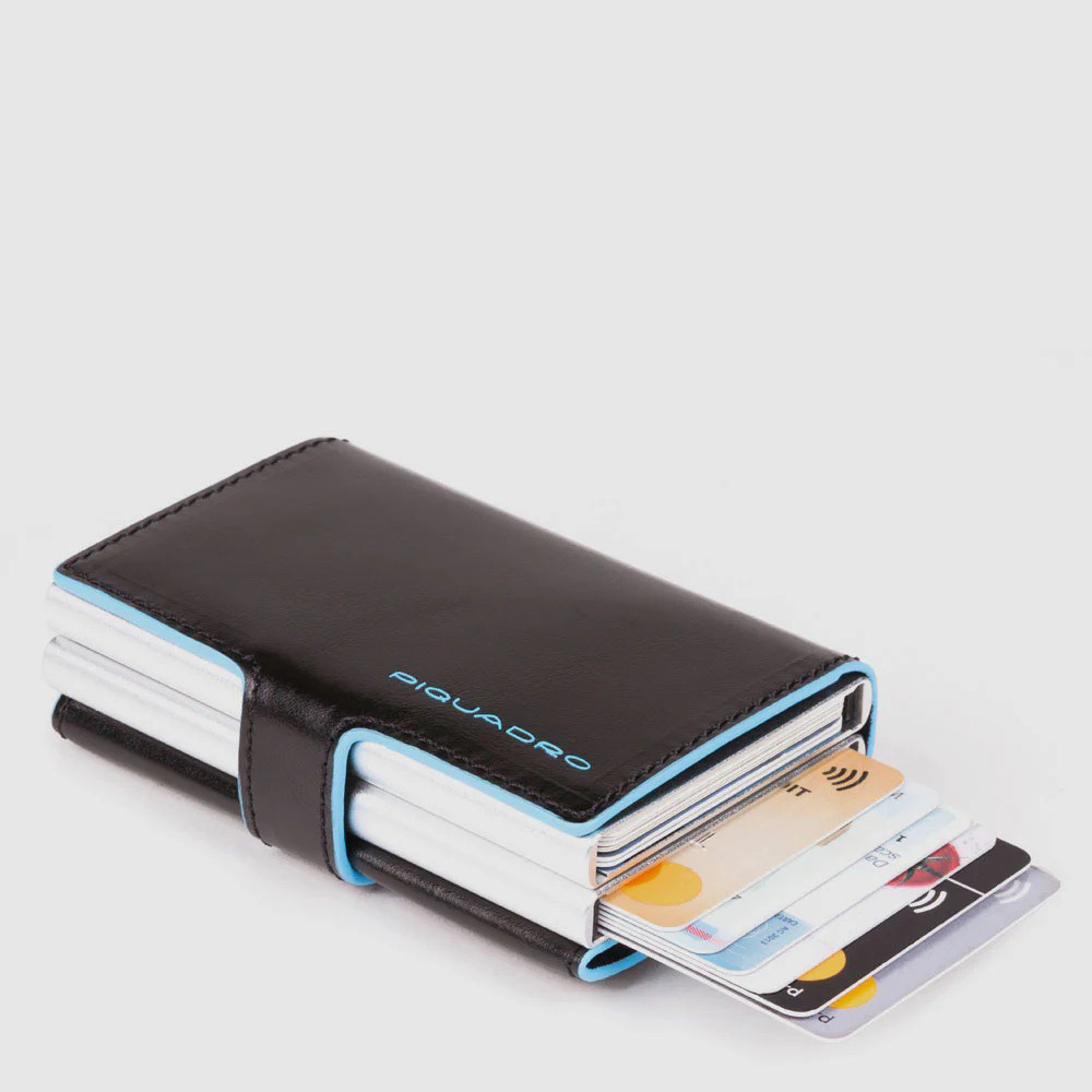 Piquadro Blue Square Double Credit Card Case With Sliding System Black
