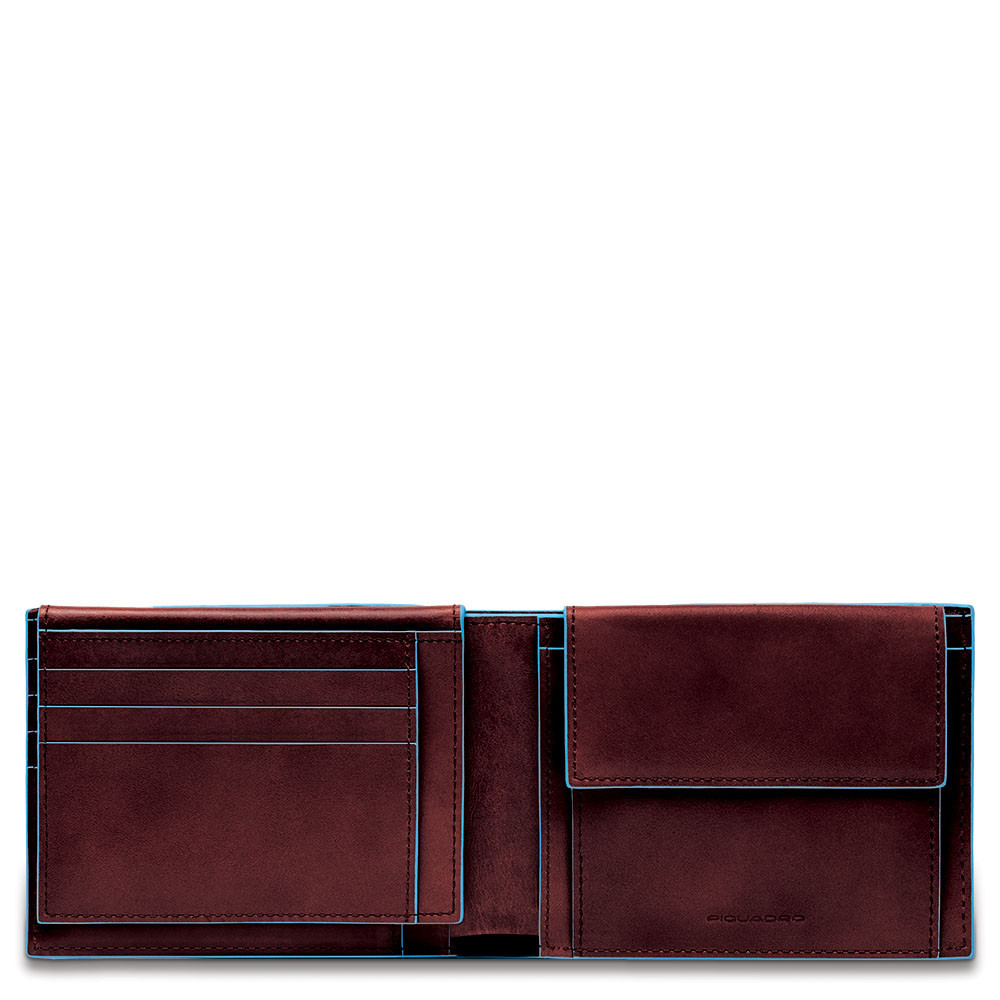 Piquadro Blue Square Men&apos;s Wallet With Flip Up With ID/Coin Pocket Mahogany