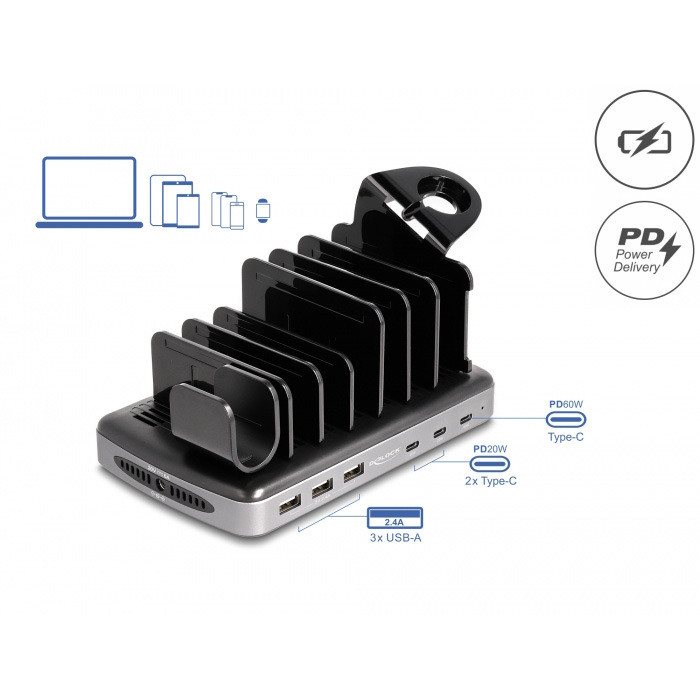 USB Charging Station met 3 x USB Type-C PD + 3 x USB Type-A (112 W) Oplaadstation