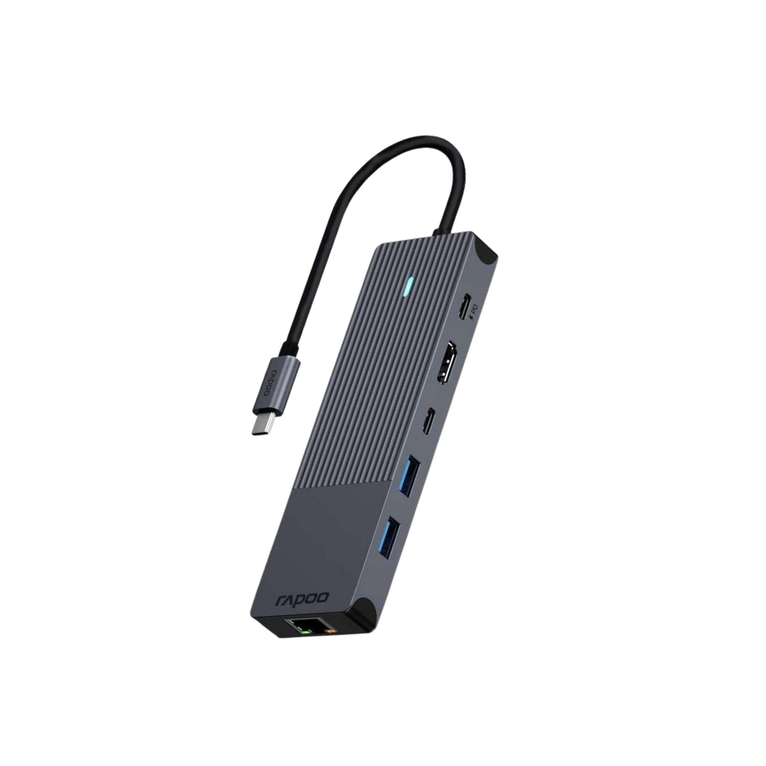 Rapoo USB-C Multiport Adapter, 6-in-1, grijs Desktop accessoire Zwart