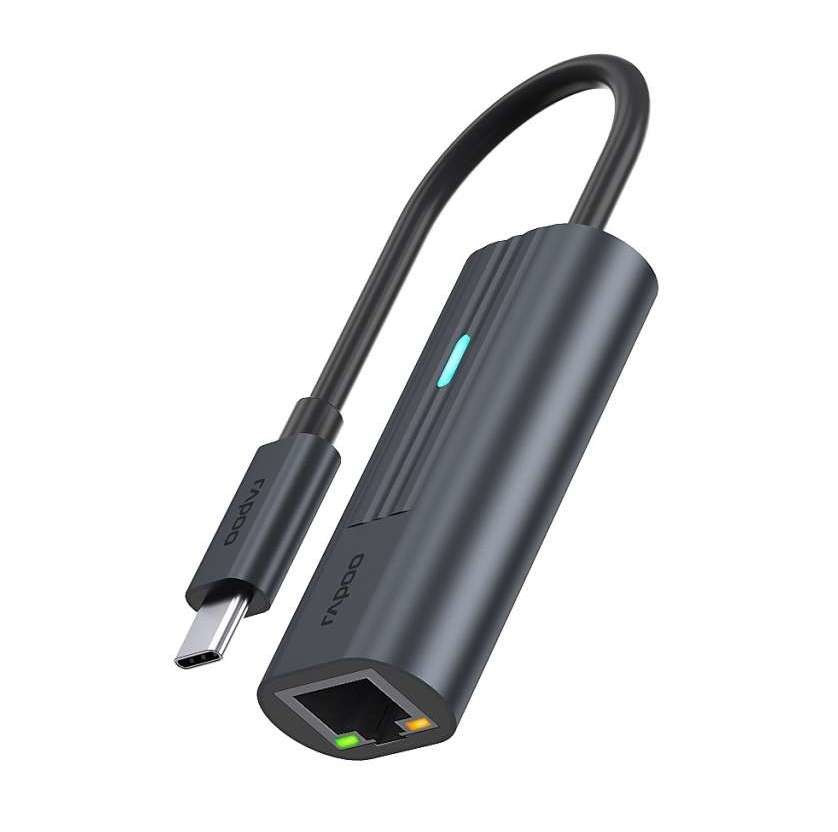 Rapoo USB-C Adapter, USB-C naar Gigabit LAN, grijs Desktop accessoire Zwart