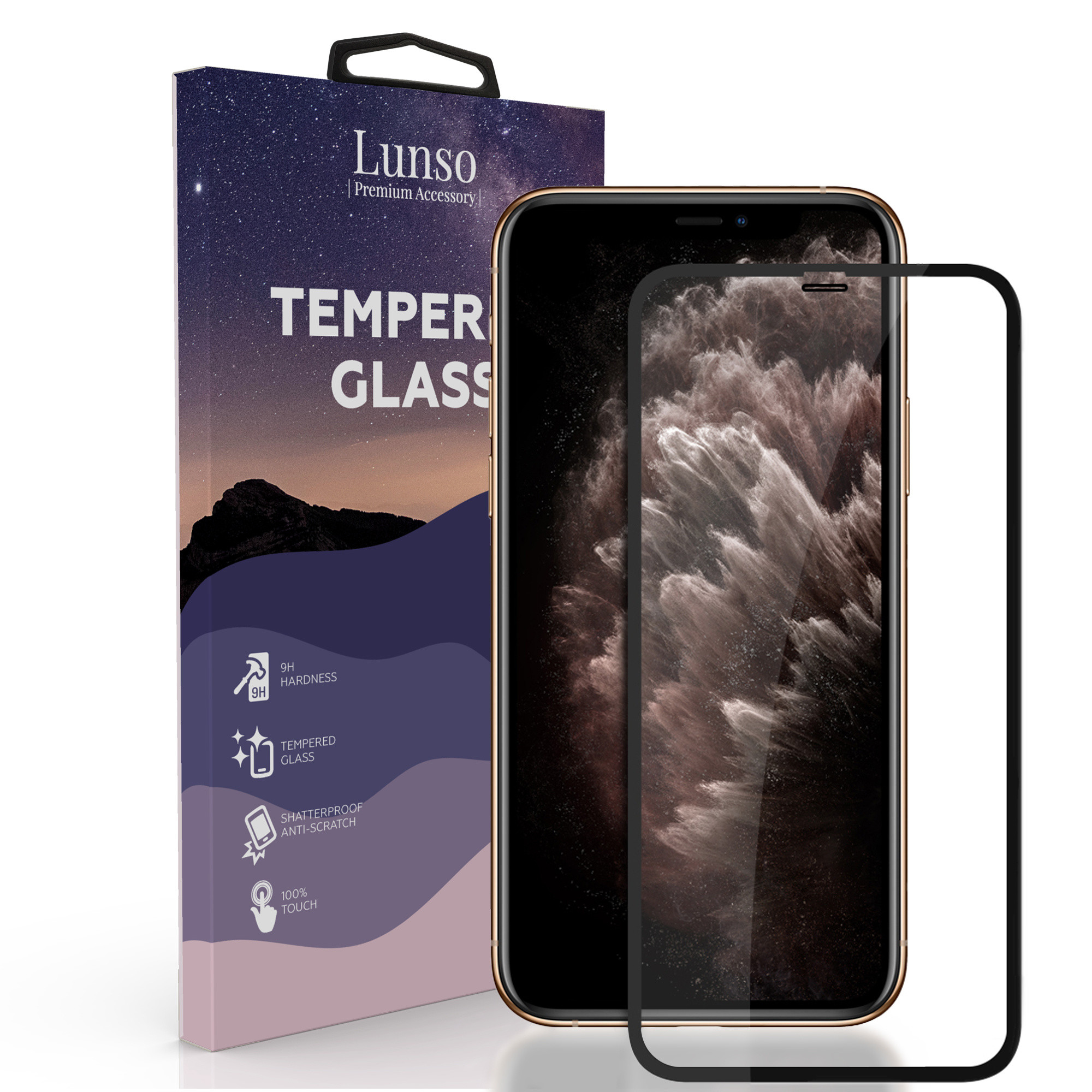 Lunso - iPhone 11 Pro Max - Gehard Beschermglas - Full Cover Screenprotector - Black Edge