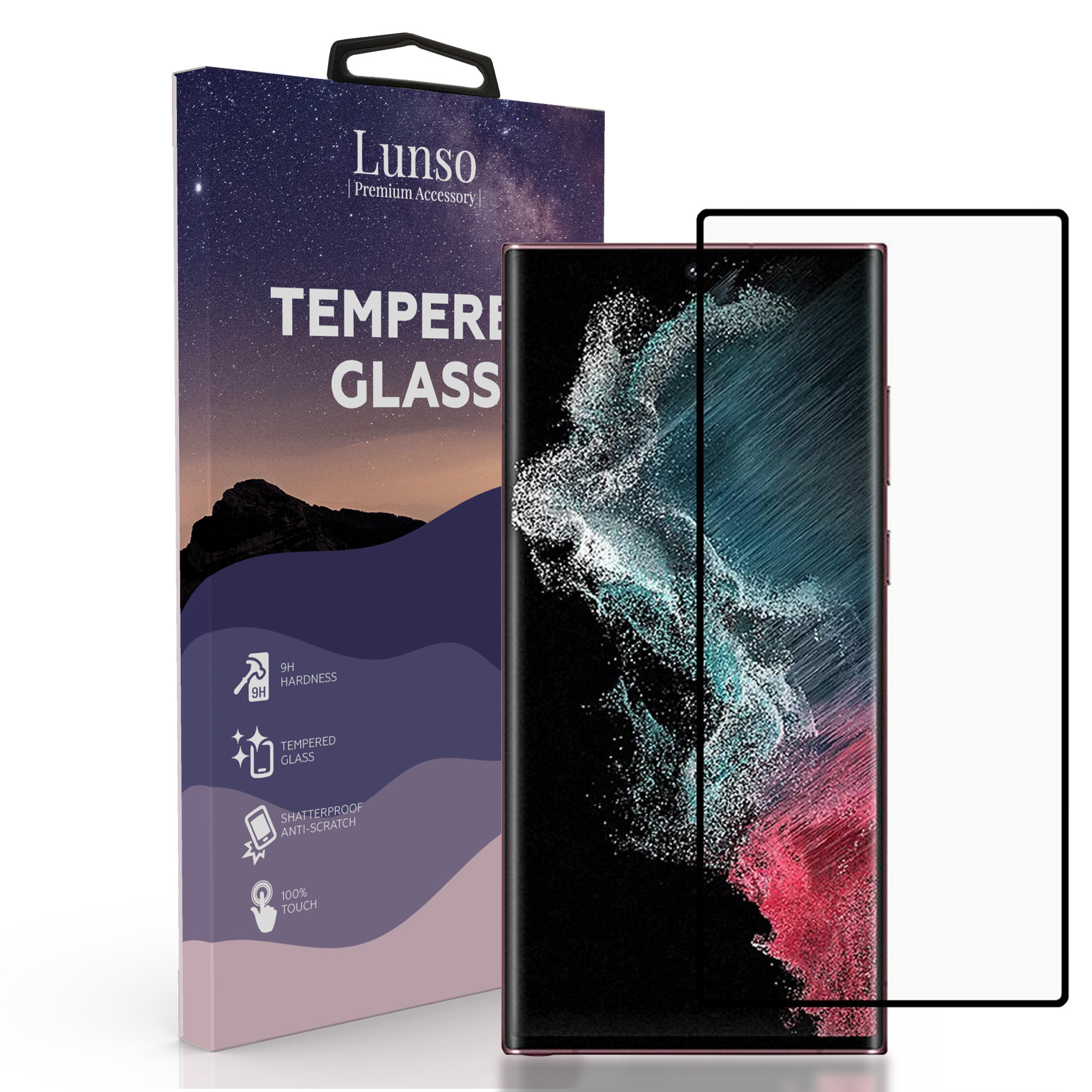 Lunso - Gehard Beschermglas - Full Cover Tempered Glass - Samsung Galaxy S22 Ultra - Black Edge