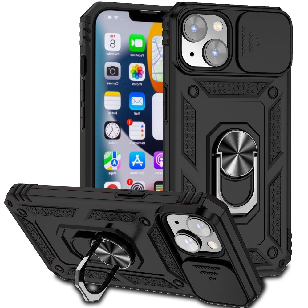 Lunso - Armor backcover hoes met ringhouder - iPhone 14 - Zwart