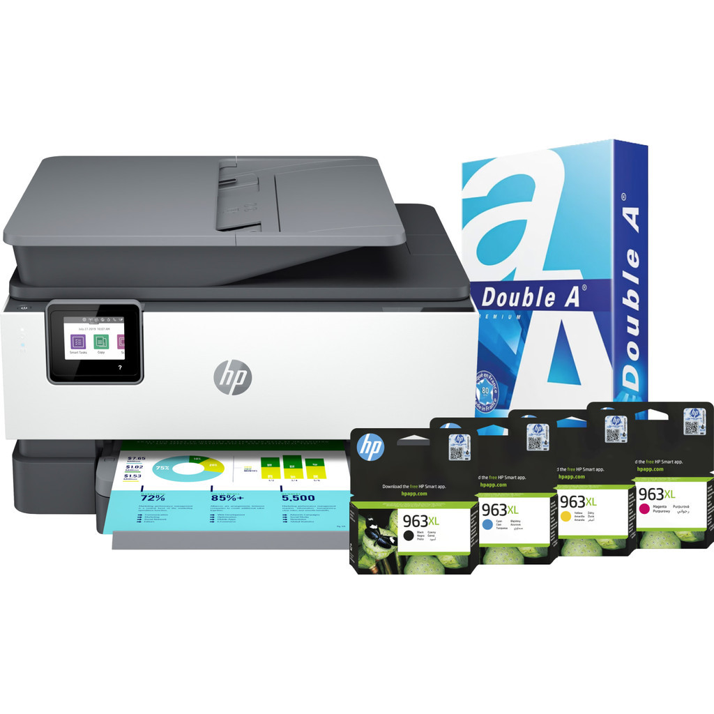 HP Officejet Pro 9019e + 1 set extra inkt + 500 vellen A4 papier