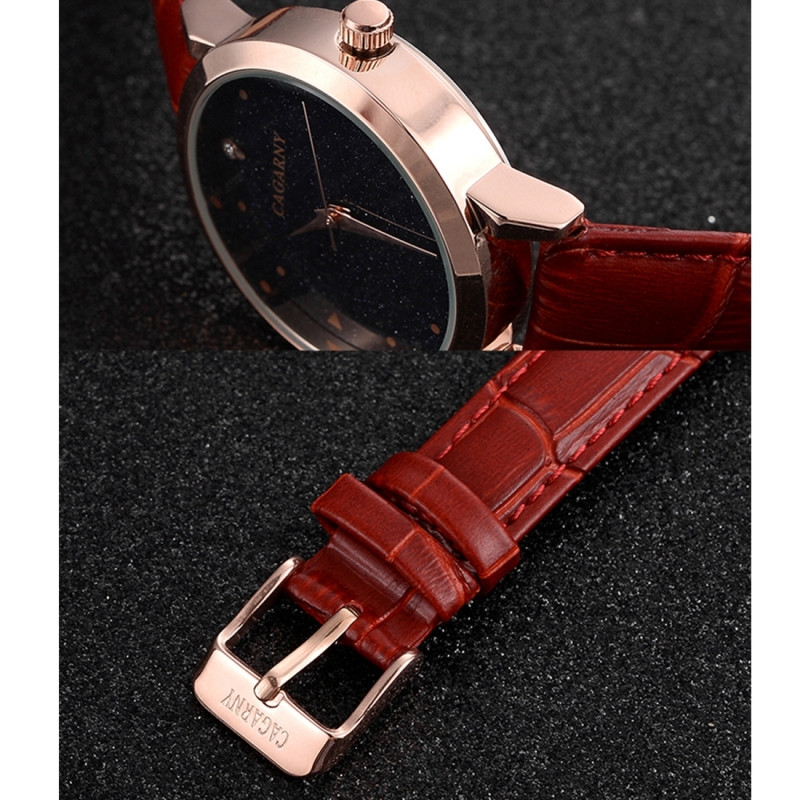 CAGARNY 6875 ronde wijzerplaat waterbestendig sterrenhemel patroon Fashion vrouwen Quartz Wrist Watch with lederen Band (roze)