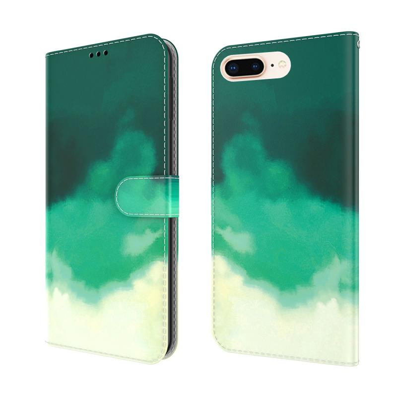 Aquarel Pattern Horizontale Flip Lederen Case met Houder & Card Slot & Portemonnee voor iPhone 8 Plus & 7 Plus (Cyaan Groen)
